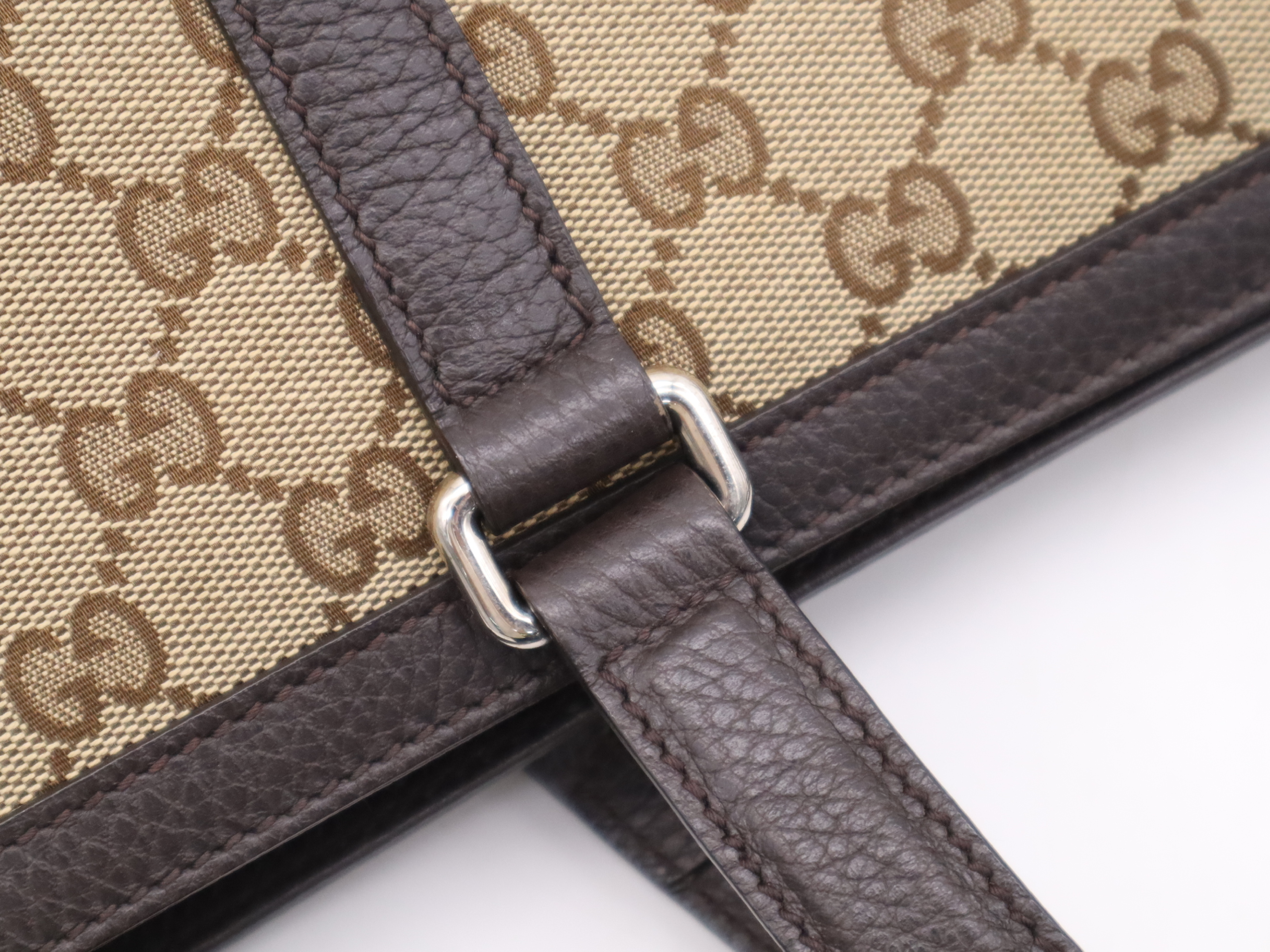 449169 Canvas x Leather GG Canvas 2-Way Tote Bag, Beige x Brown, Silver Hardware, with Shoulder Strap. — view 7