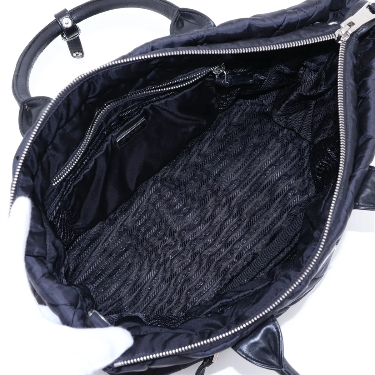 Tessuto Quilted Nylon x Leather 2-Way Handbag, Black — view 8