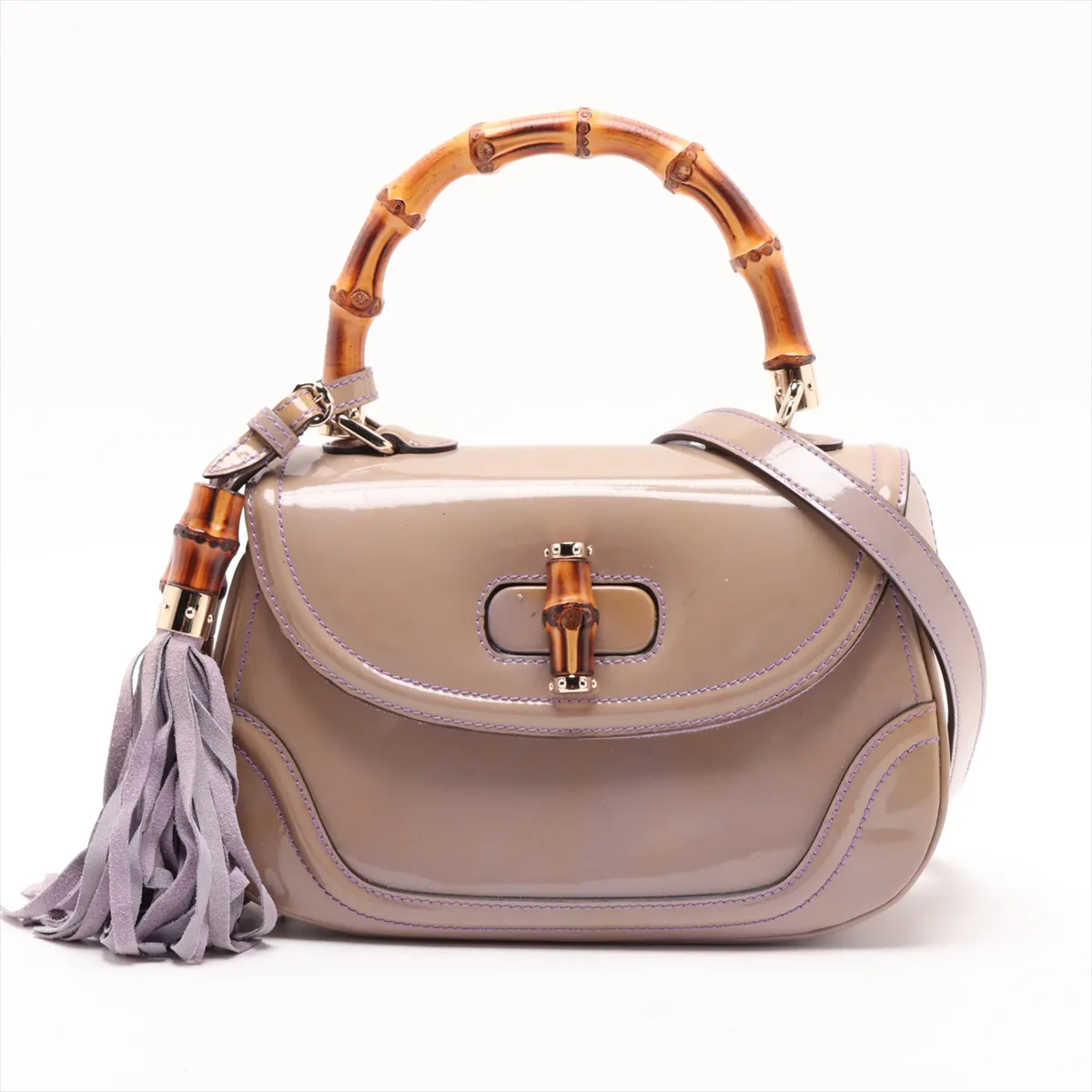 Bamboo Patent Leather 2-Way Handbag, Beige x Purple, 256805, with initial engraving and mirror.