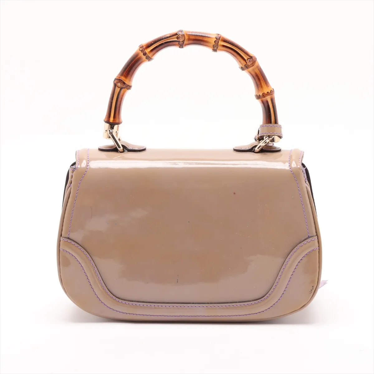 Bamboo Patent Leather 2-Way Handbag, Beige x Purple, 256805, with initial engraving and mirror. — view 2