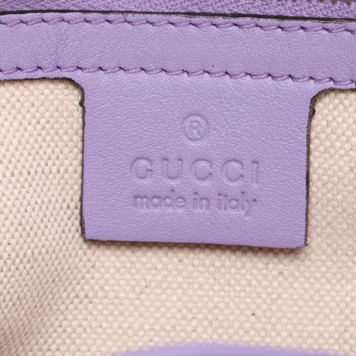 Bamboo Patent Leather 2-Way Handbag, Beige x Purple, 256805, with initial engraving and mirror. — view 11