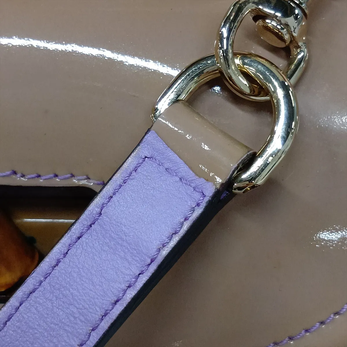 Bamboo Patent Leather 2-Way Handbag, Beige x Purple, 256805, with initial engraving and mirror. — view 13