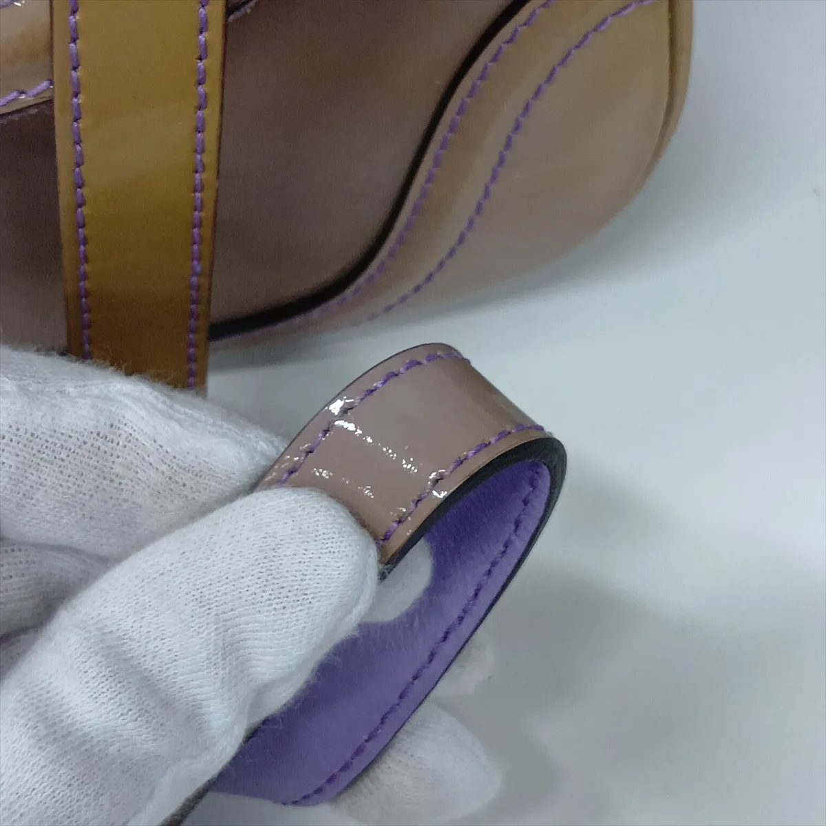 Bamboo Patent Leather 2-Way Handbag, Beige x Purple, 256805, with initial engraving and mirror. — view 14