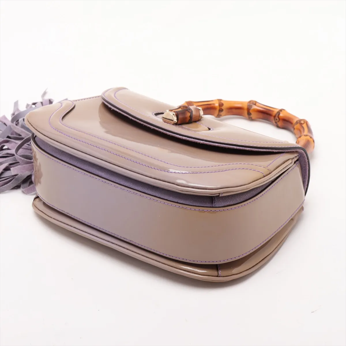 Bamboo Patent Leather 2-Way Handbag, Beige x Purple, 256805, with initial engraving and mirror. — view 3