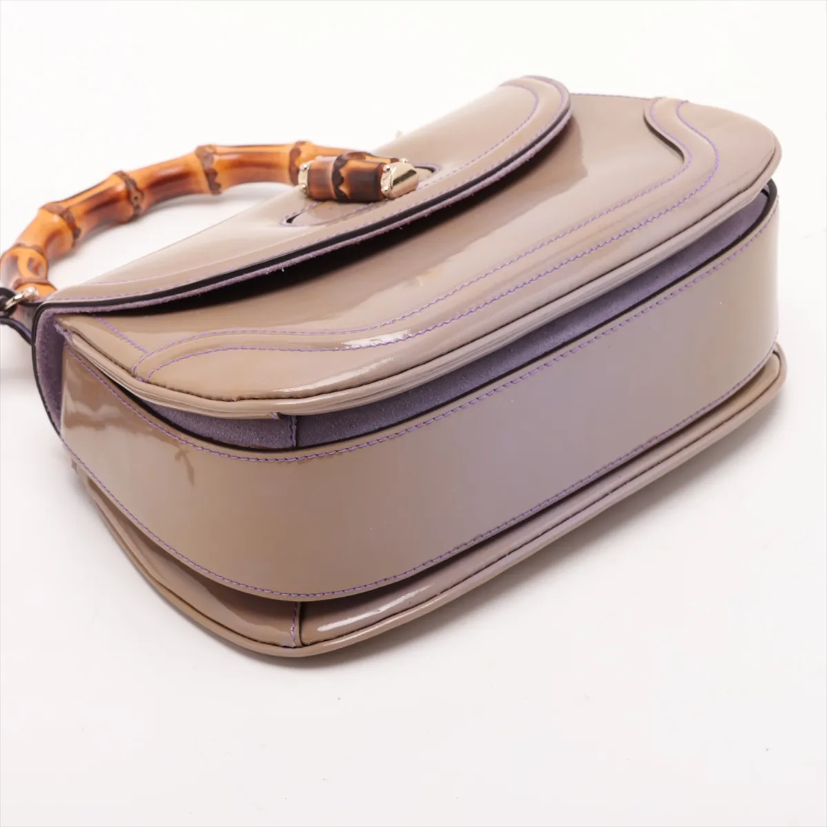 Bamboo Patent Leather 2-Way Handbag, Beige x Purple, 256805, with initial engraving and mirror. — view 4