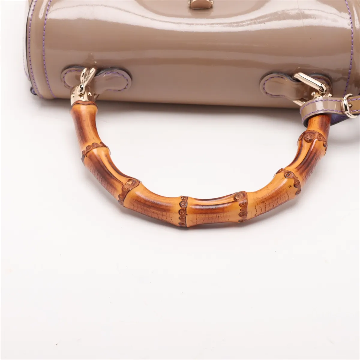Bamboo Patent Leather 2-Way Handbag, Beige x Purple, 256805, with initial engraving and mirror. — view 5