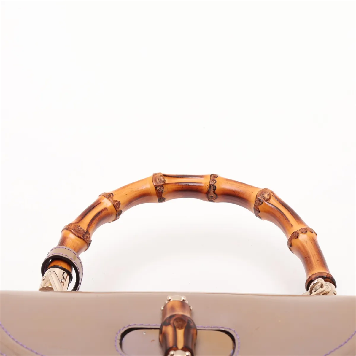 Bamboo Patent Leather 2-Way Handbag, Beige x Purple, 256805, with initial engraving and mirror. — view 6