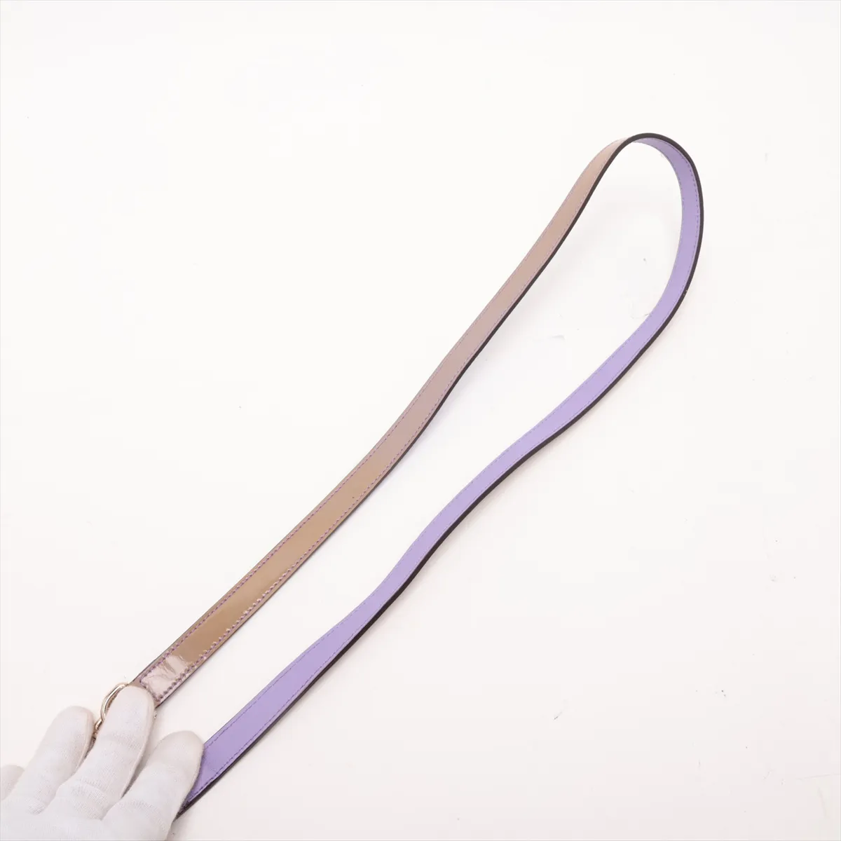 Bamboo Patent Leather 2-Way Handbag, Beige x Purple, 256805, with initial engraving and mirror. — view 7