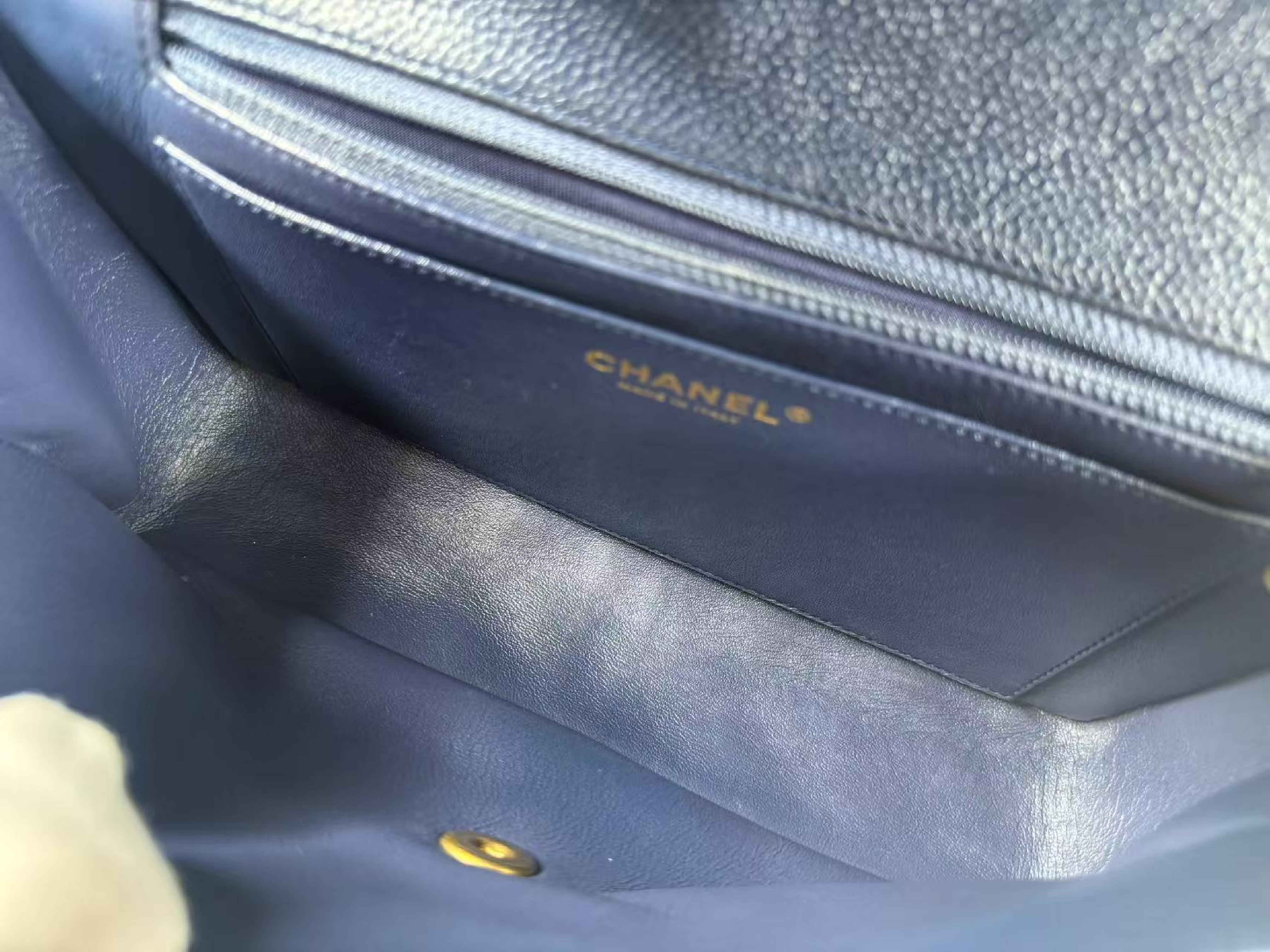 Caviar Skin Matelassé Navy Tanlock Shoulder Bag, W26/H17/D7cm (approx.), serial number in the 21st range, with dust bag, authenticity card, and seal. Gold hardware. Item number 21837786. — view 15