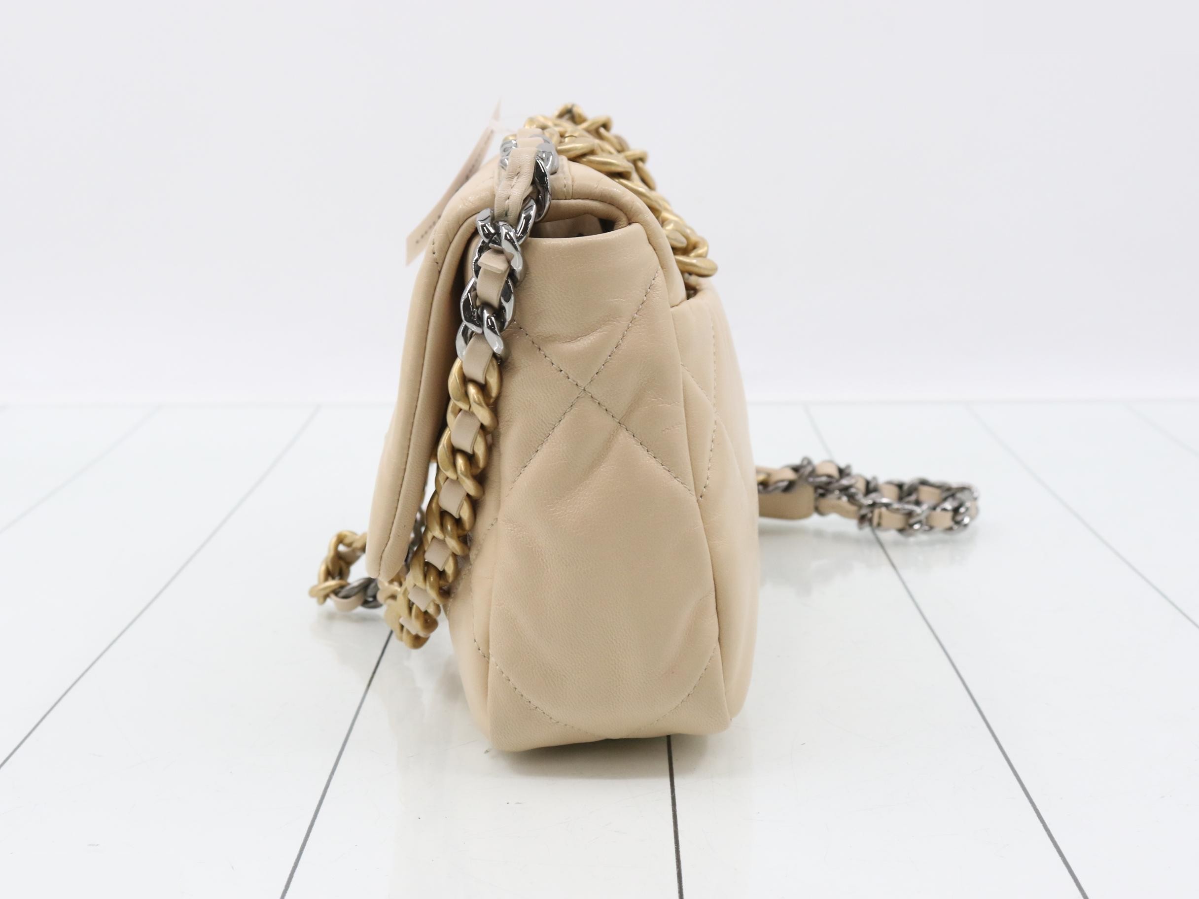 Lambskin Chanel 19 Chain Shoulder Bag, Beige, Gold and Silver Hardware — view 3