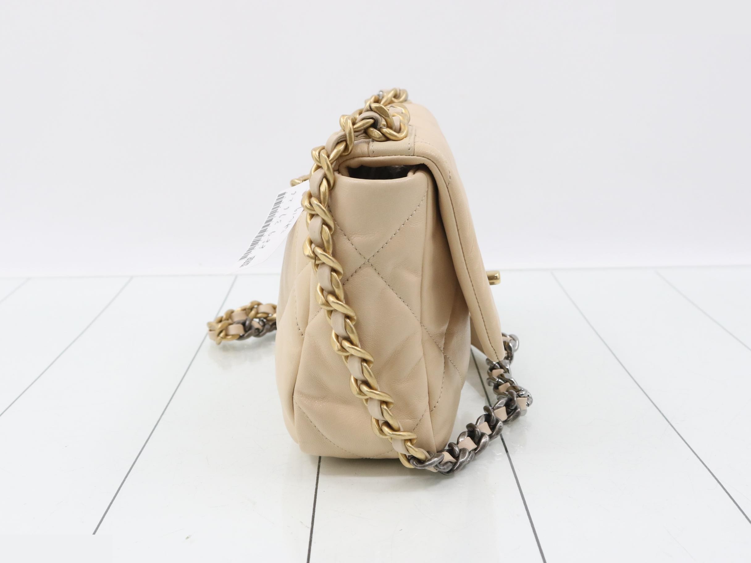 Lambskin Chanel 19 Chain Shoulder Bag, Beige, Gold and Silver Hardware — view 4