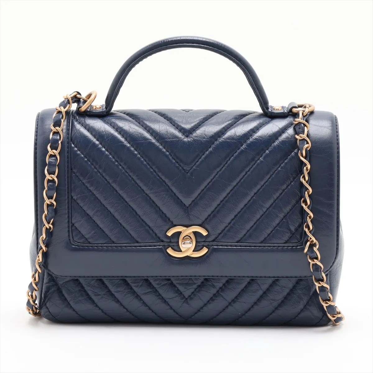 Chevron Vintage Calf 2-Way Handbag, Blue with Gold Hardware, 24663496, Serial Number 24