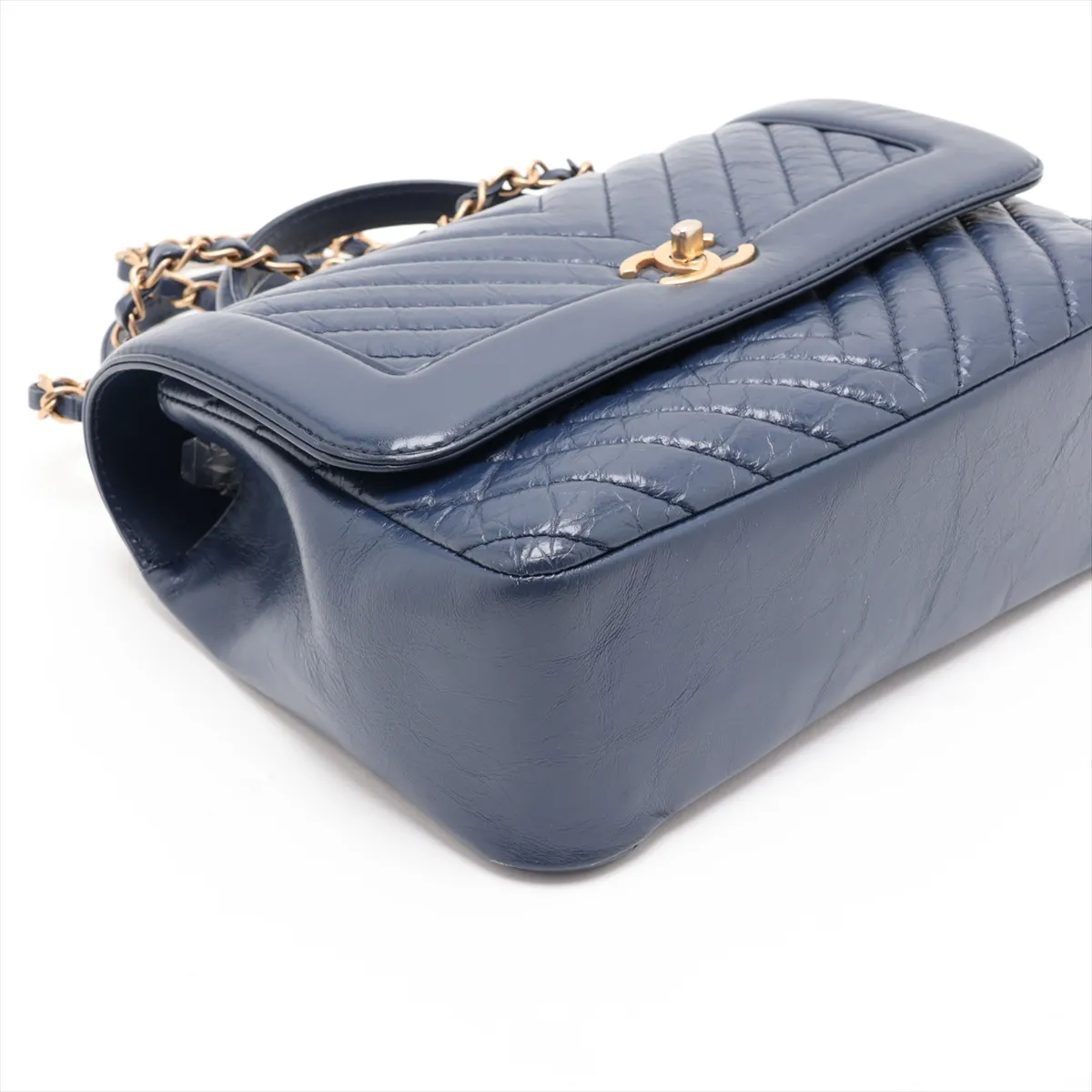 Chevron Vintage Calf 2-Way Handbag, Blue with Gold Hardware, 24663496, Serial Number 24 — view 4