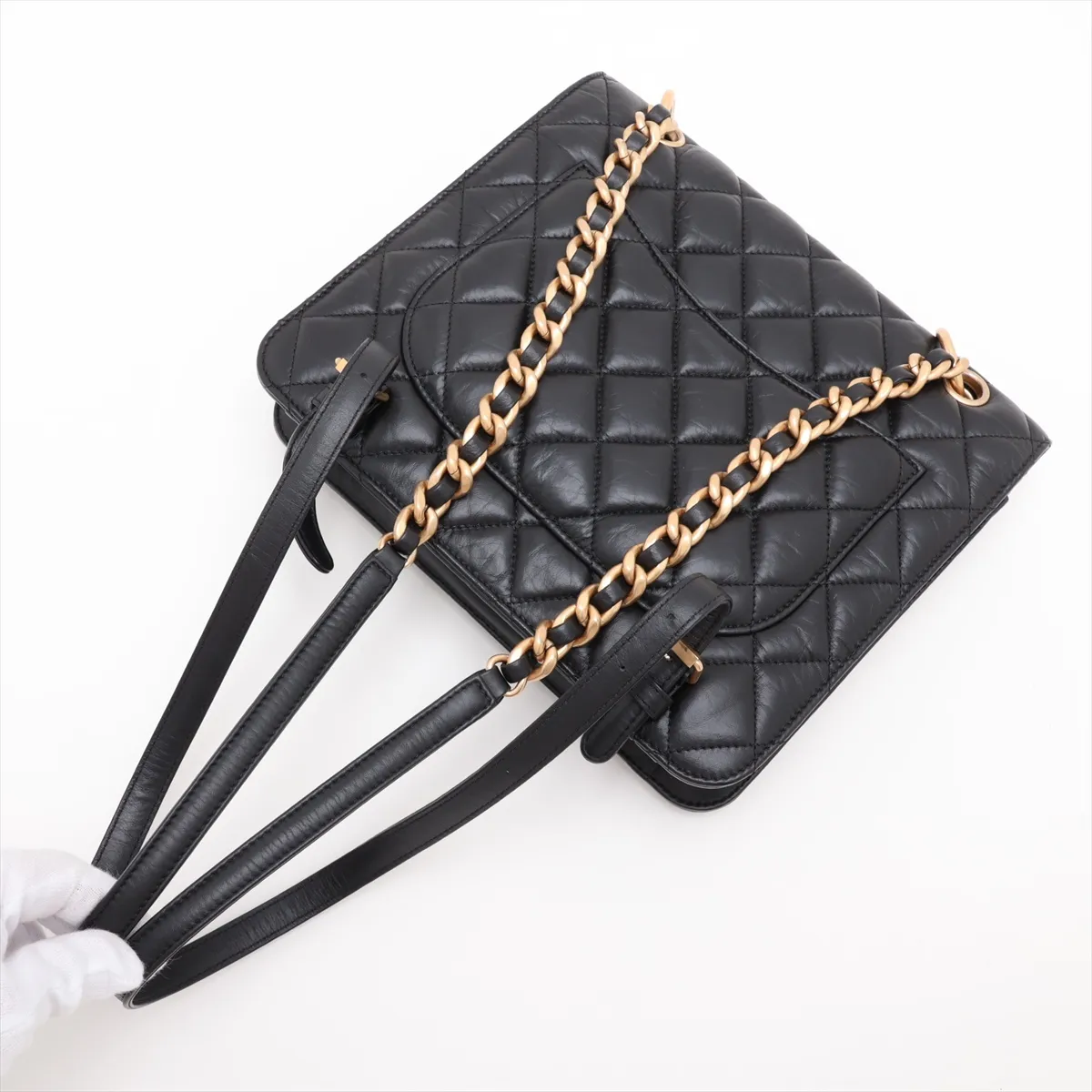 [Individually packaged] Chanel Matelassé Vintage Calf Chain Backpack, Black with Gold Hardware, ACLUHCA4, Random Plate — view 5