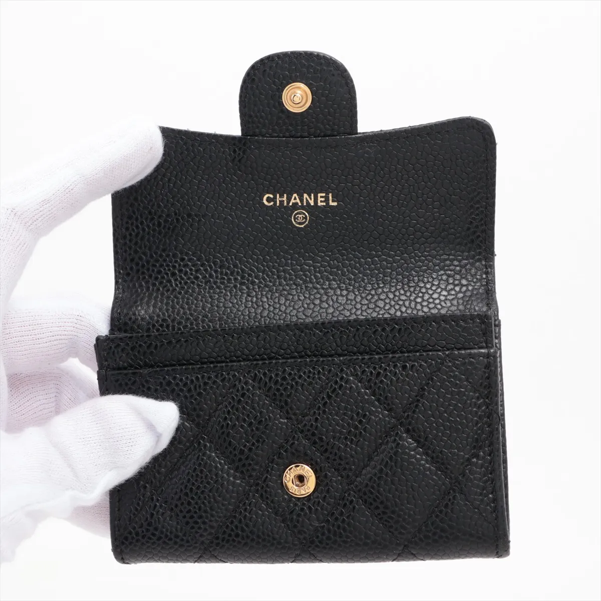 Matelassé Caviar Skin Card Case, Black with Gold Hardware, 22691813 — view 3