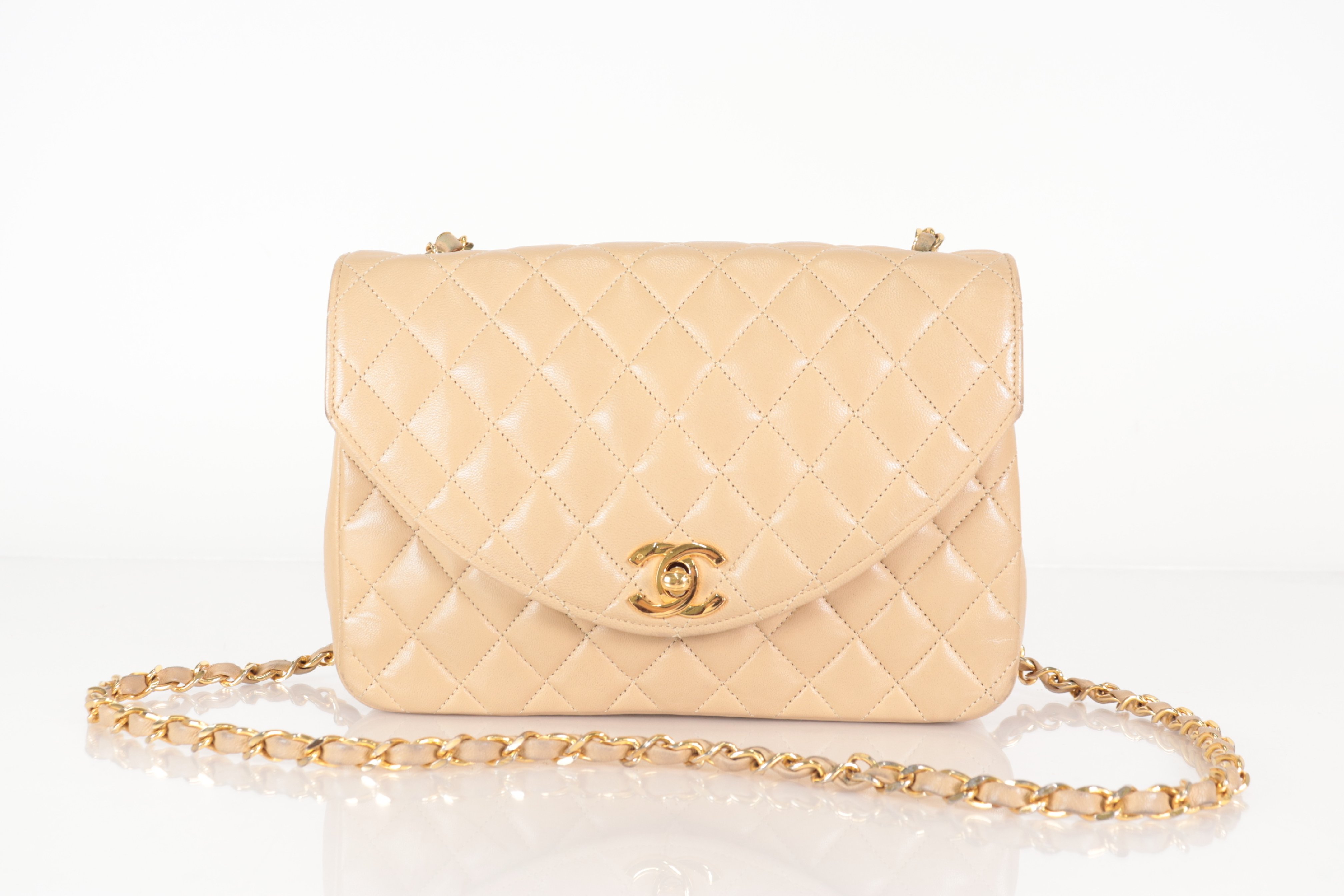Round Flap Lambskin Chain Shoulder Bag, Beige, Series 0 (Shoulder Bag) — view 2