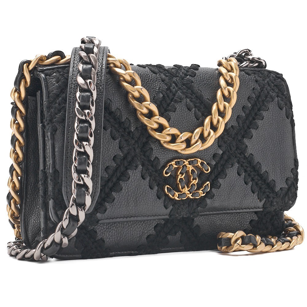19 Tweed x Leather Chain Wallet, Black, Gold x Silver Hardware, Serial Number 30s — view 3