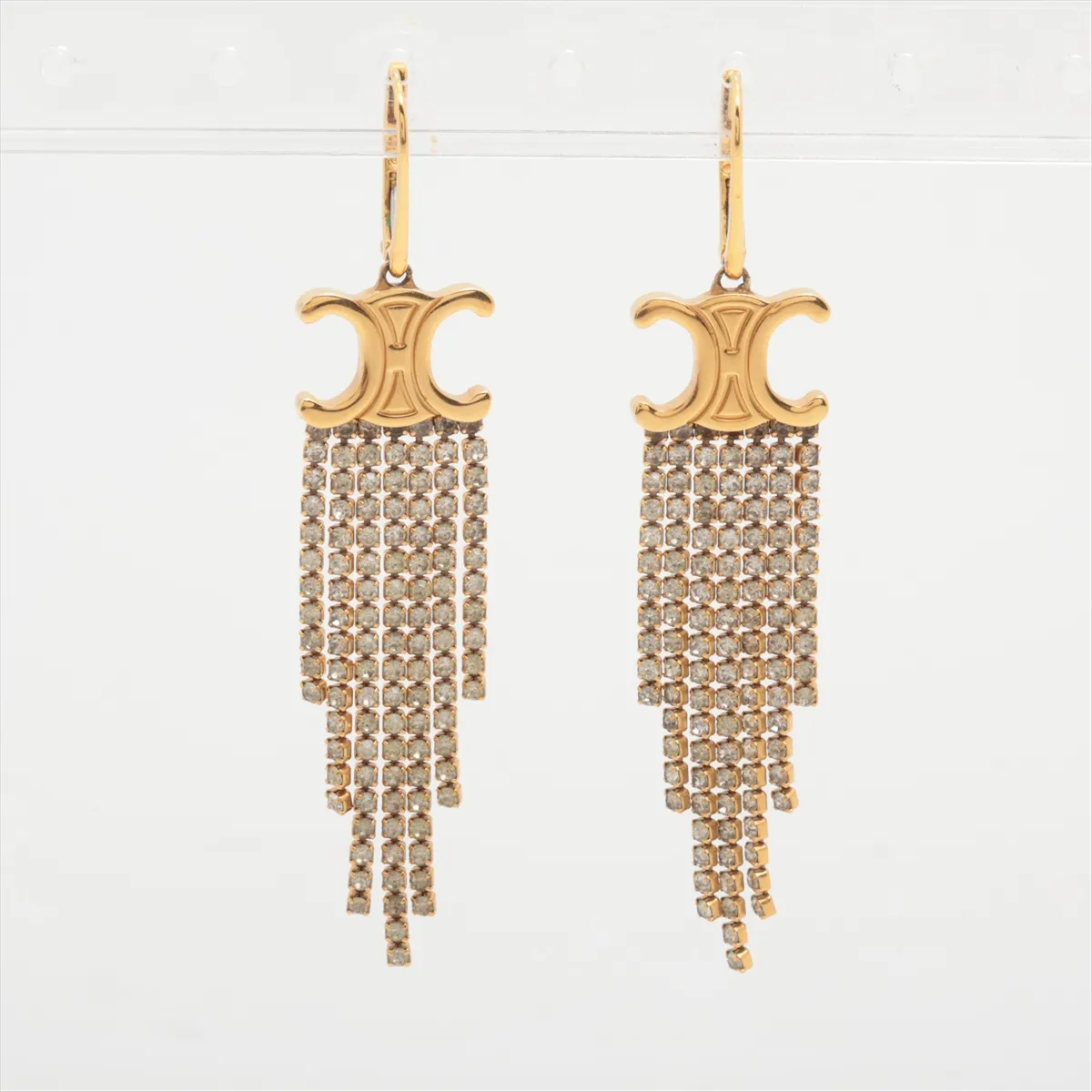 Triomphe Earrings (for both ears), GP x Rhinestone, Gold. Shows signs of wear including — view 2