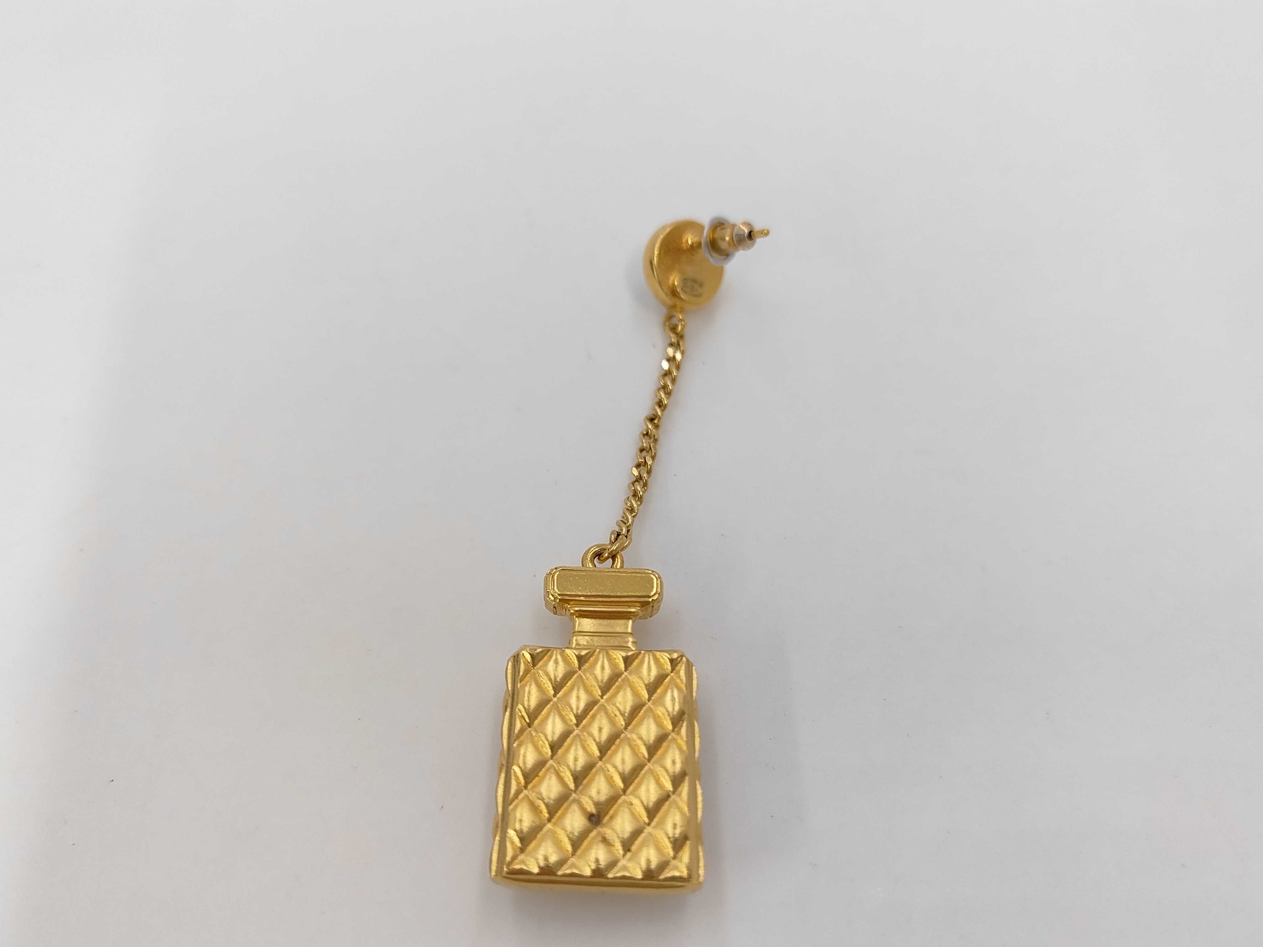 Gold Plated Faux Pearl Coco Mark Perfume Bottle Motif Rhinestone Earrings — view 2