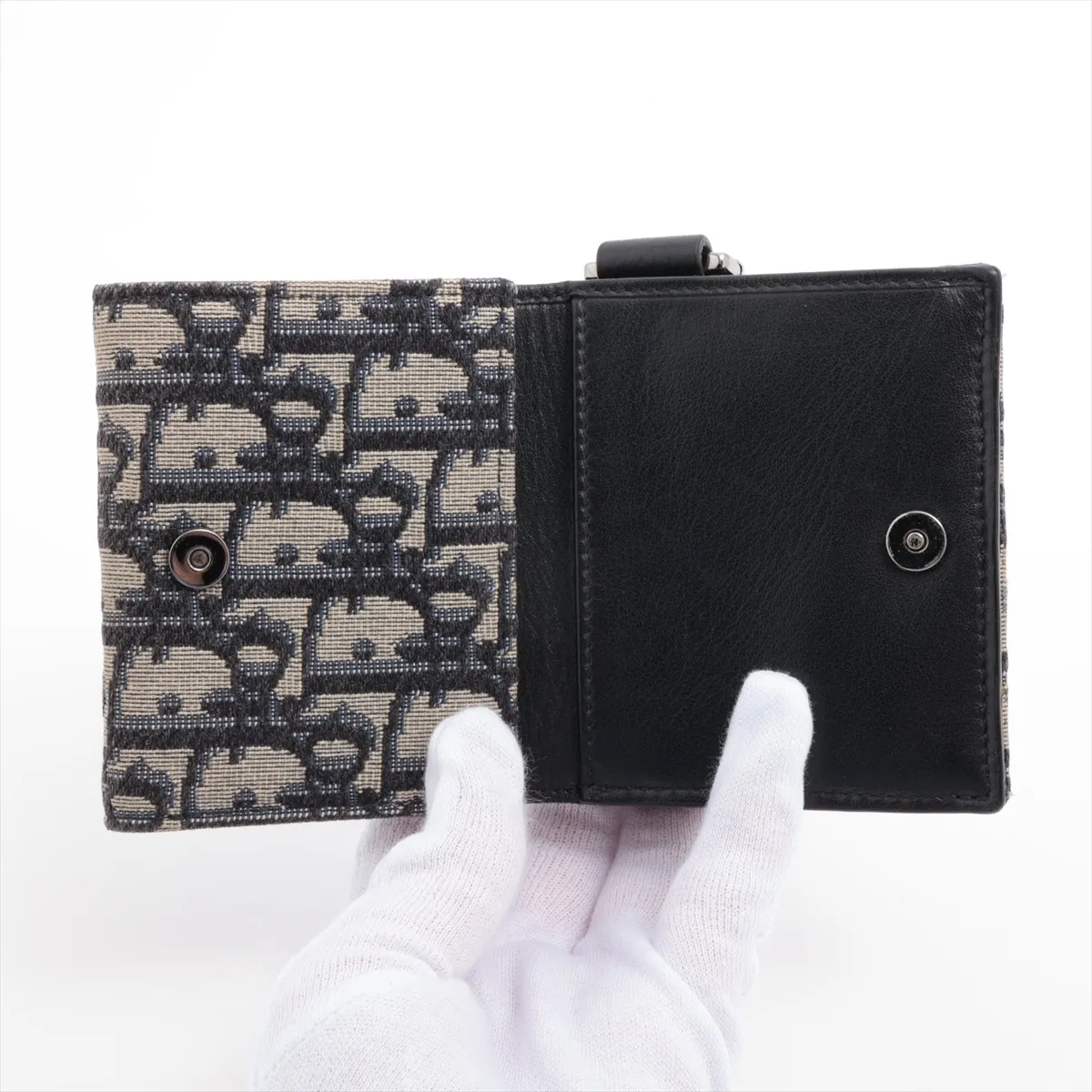 Oblique Jacquard Canvas x Leather Compact Wallet Beige x Black — view 4