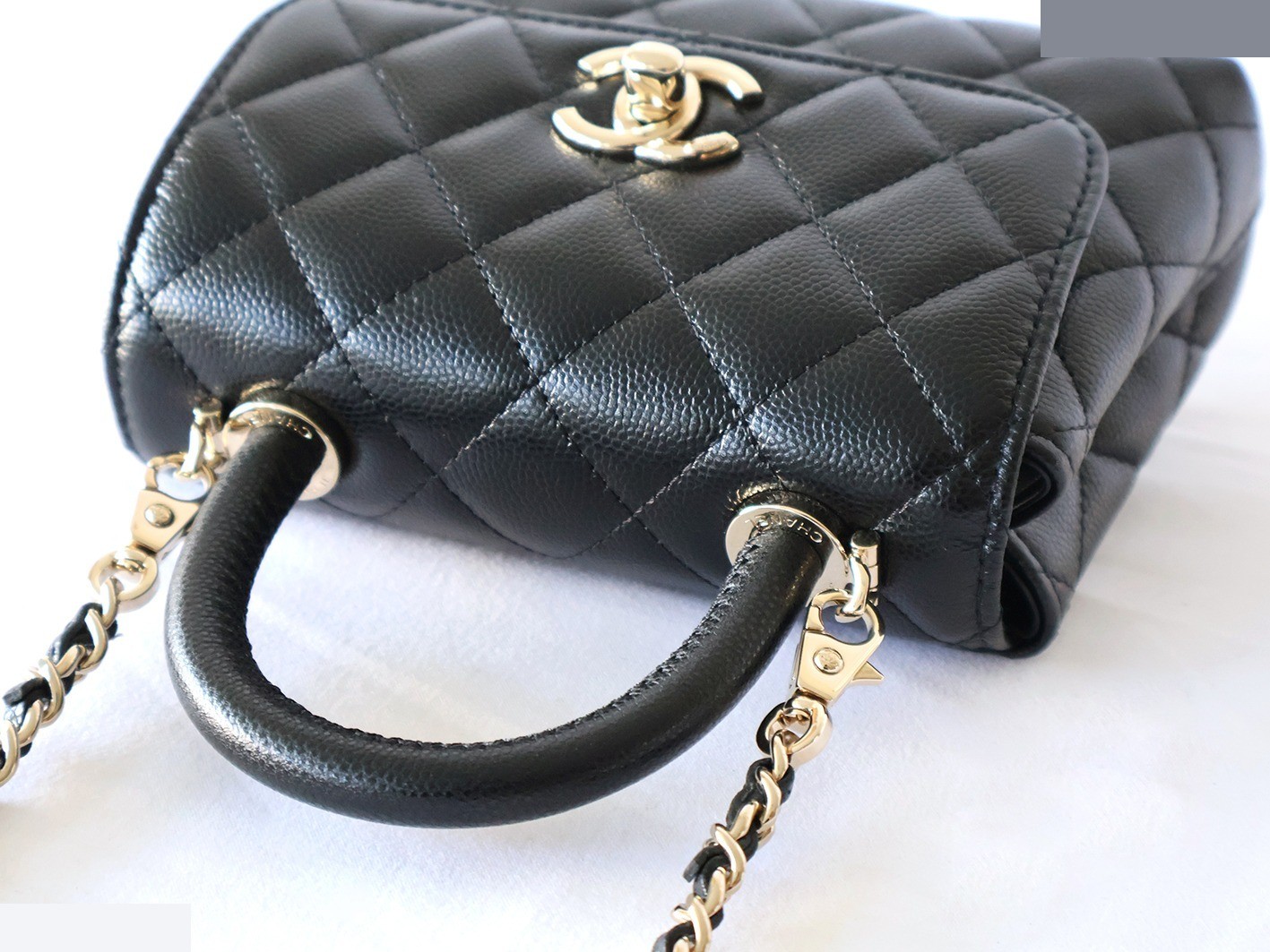 Caviar Skin Coco Handle XXS 2-Way Chain Shoulder Bag, Black — view 7