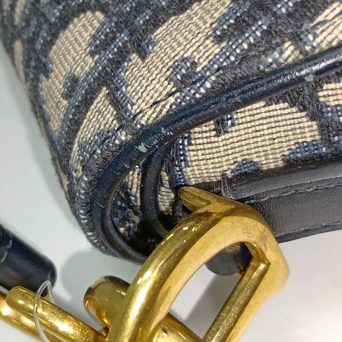 Oblique Saddle Canvas x Leather 2-Way Handbag, Navy — view 15