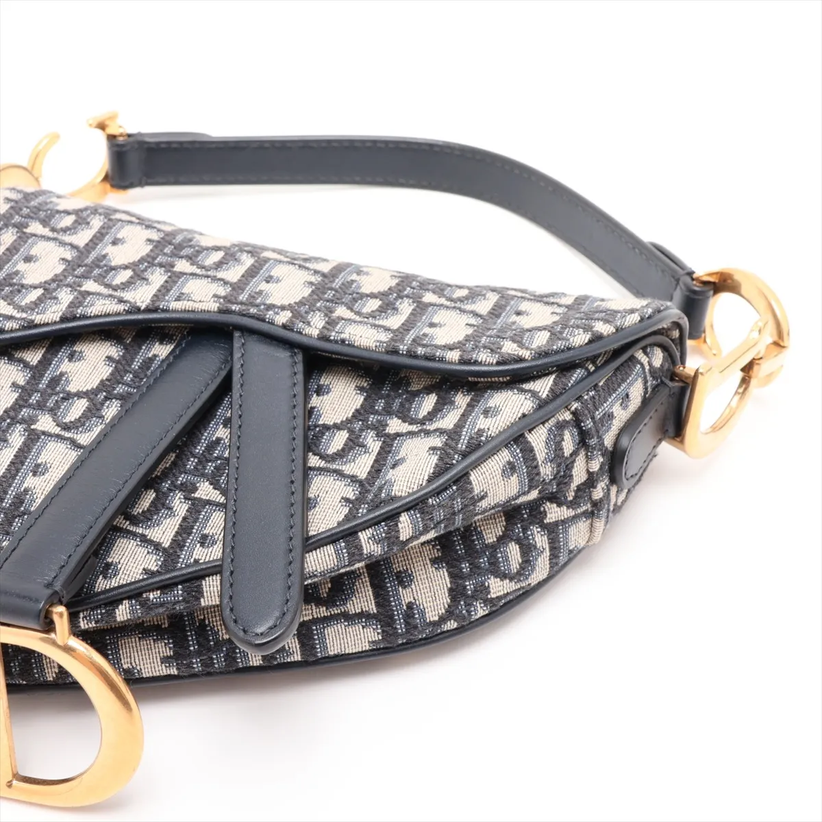 Oblique Saddle Canvas x Leather 2-Way Handbag, Navy — view 3