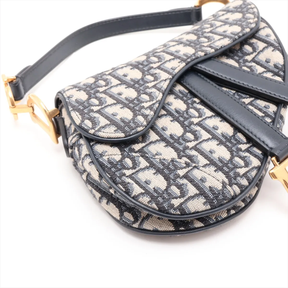 Oblique Saddle Canvas x Leather 2-Way Handbag, Navy — view 4