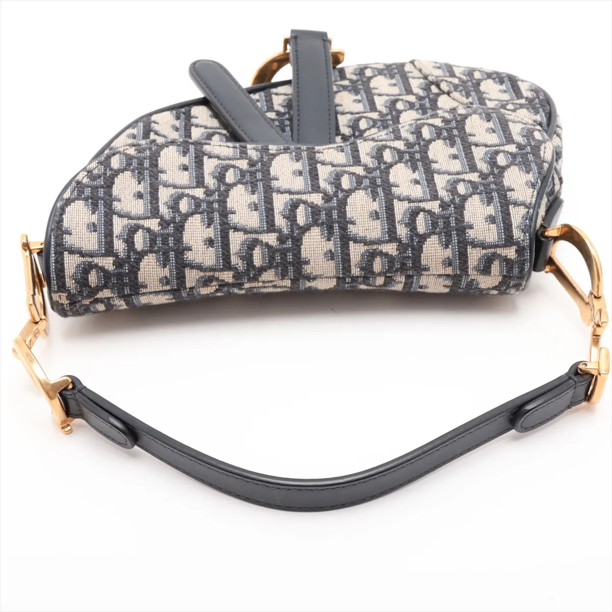 Oblique Saddle Canvas x Leather 2-Way Handbag, Navy — view 5