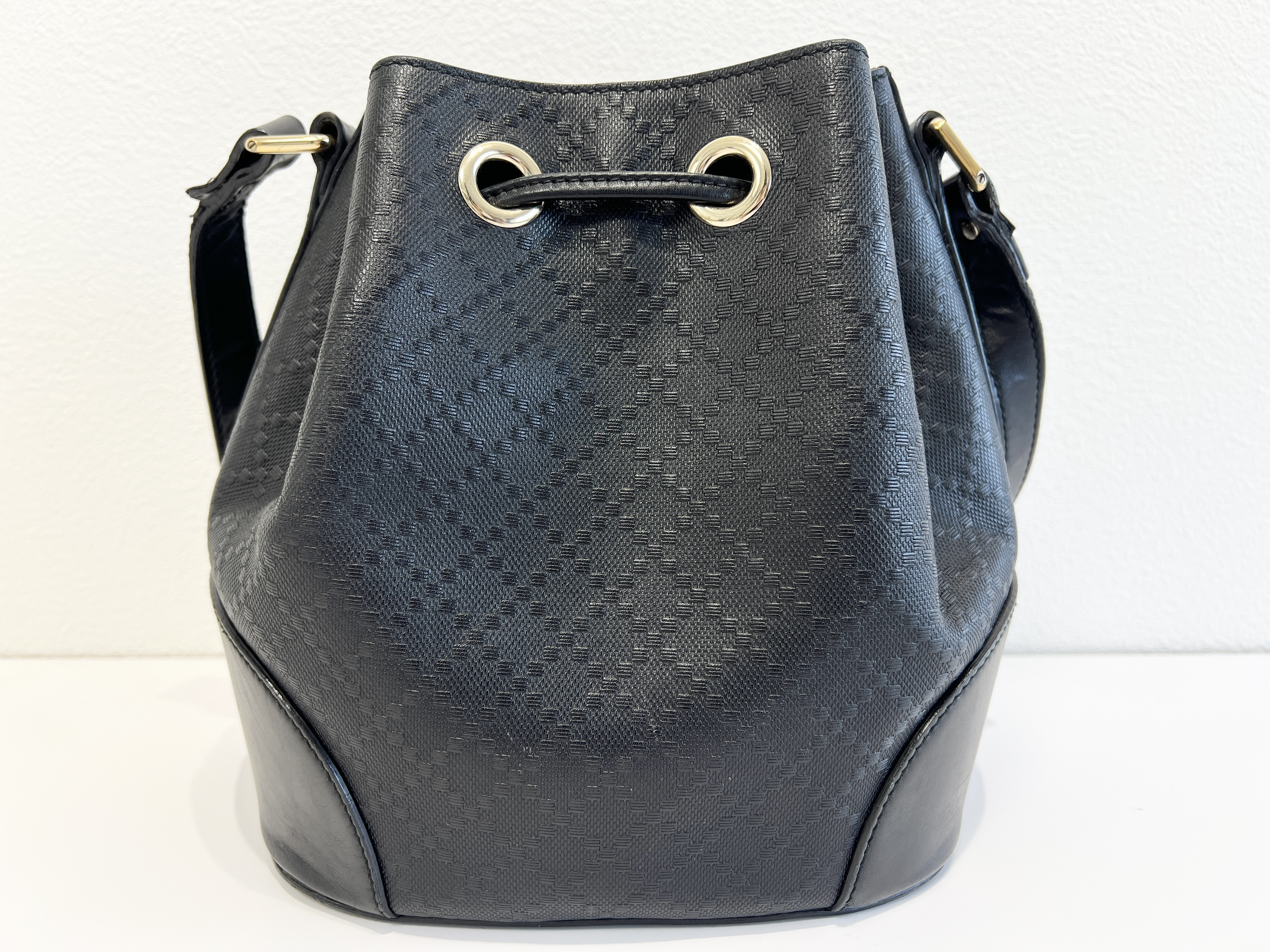 Diamante Embossed Leather Drawstring Bucket Shoulder Bag — view 2