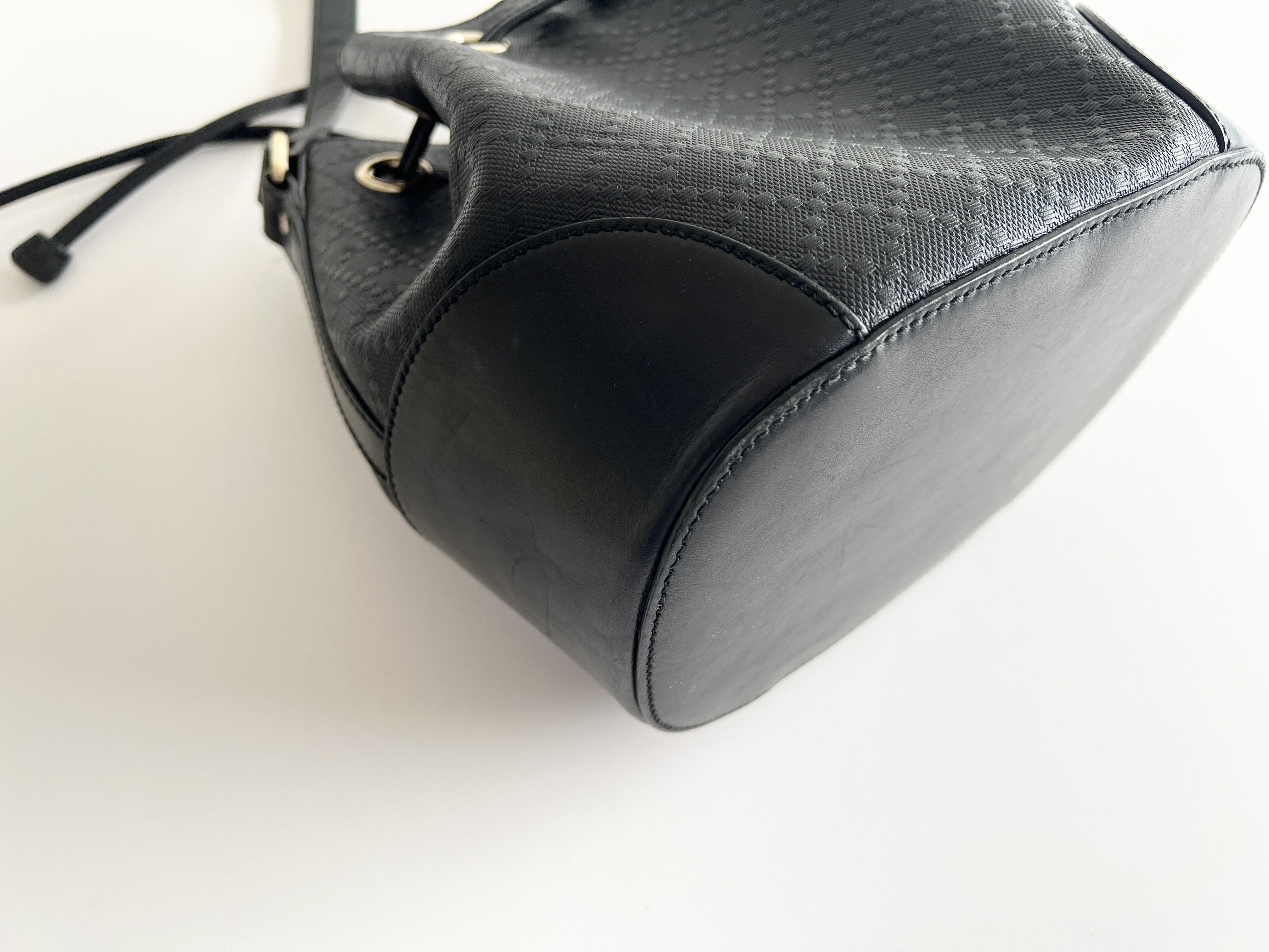 Diamante Embossed Leather Drawstring Bucket Shoulder Bag — view 12