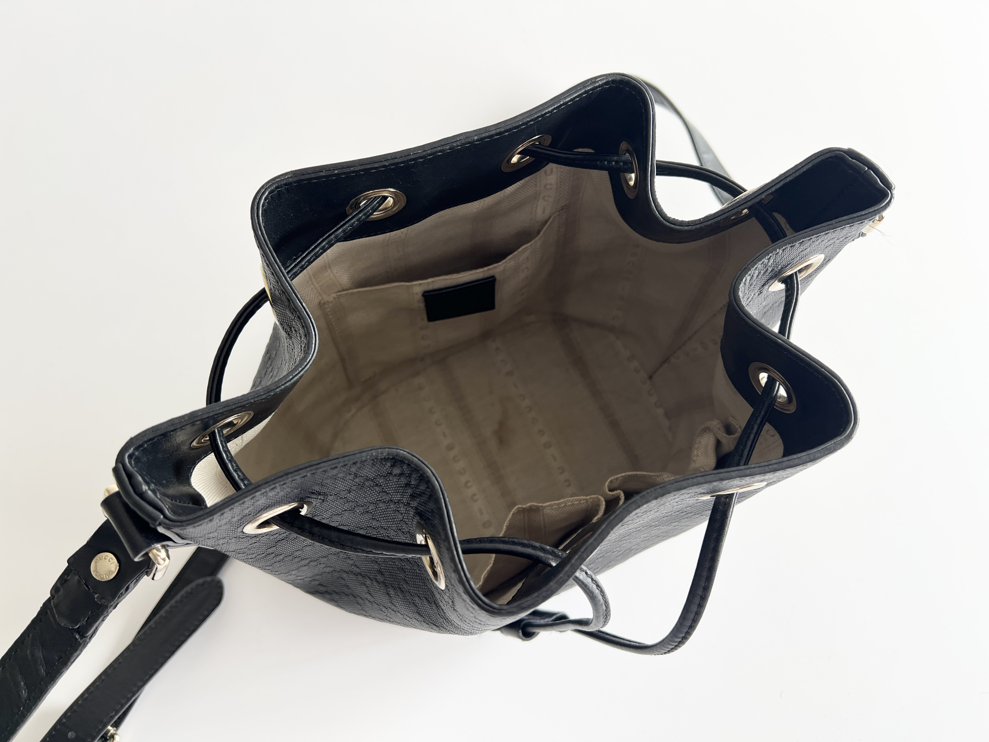 Diamante Embossed Leather Drawstring Bucket Shoulder Bag — view 4