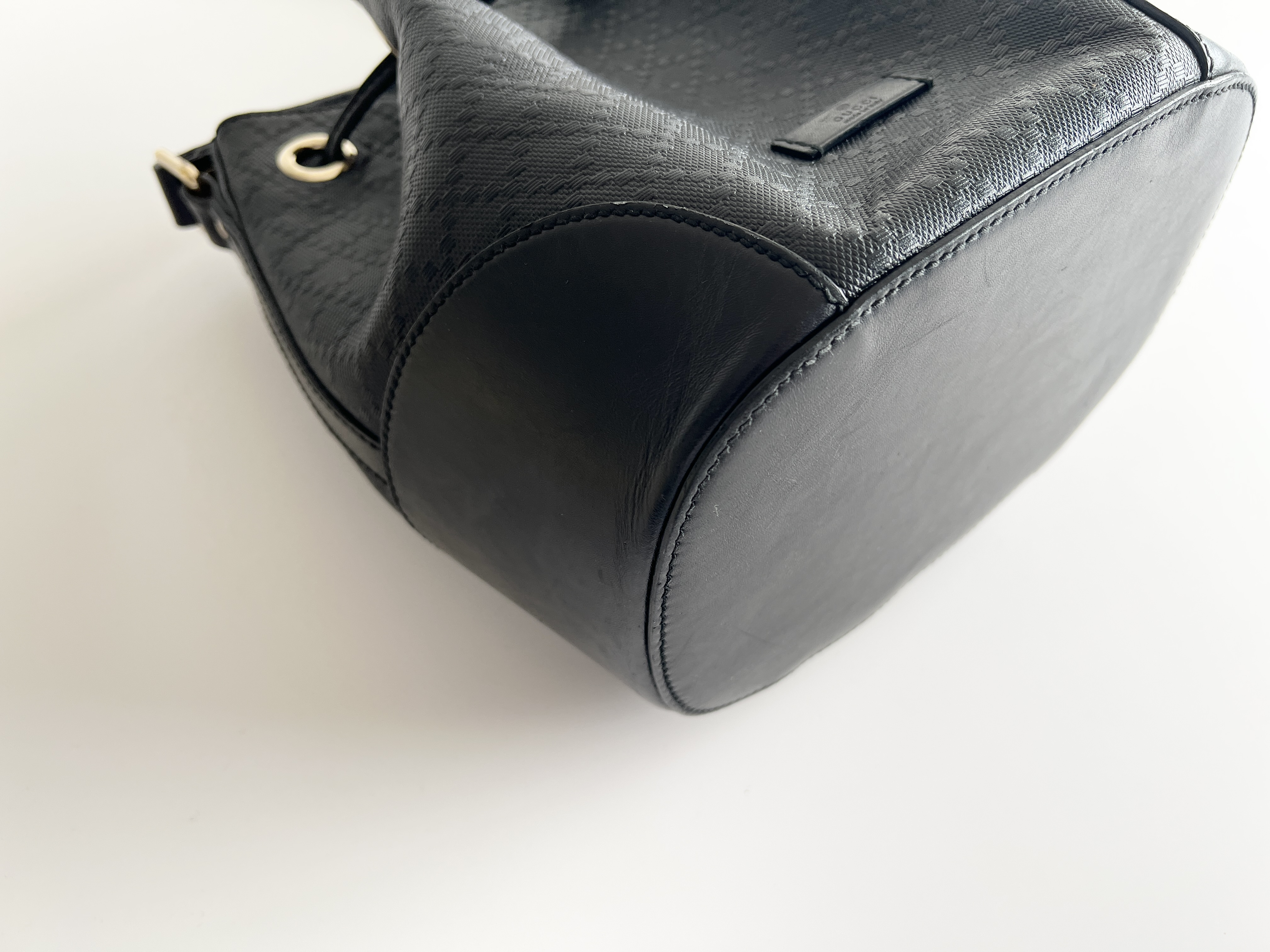 Diamante Embossed Leather Drawstring Bucket Shoulder Bag — view 10