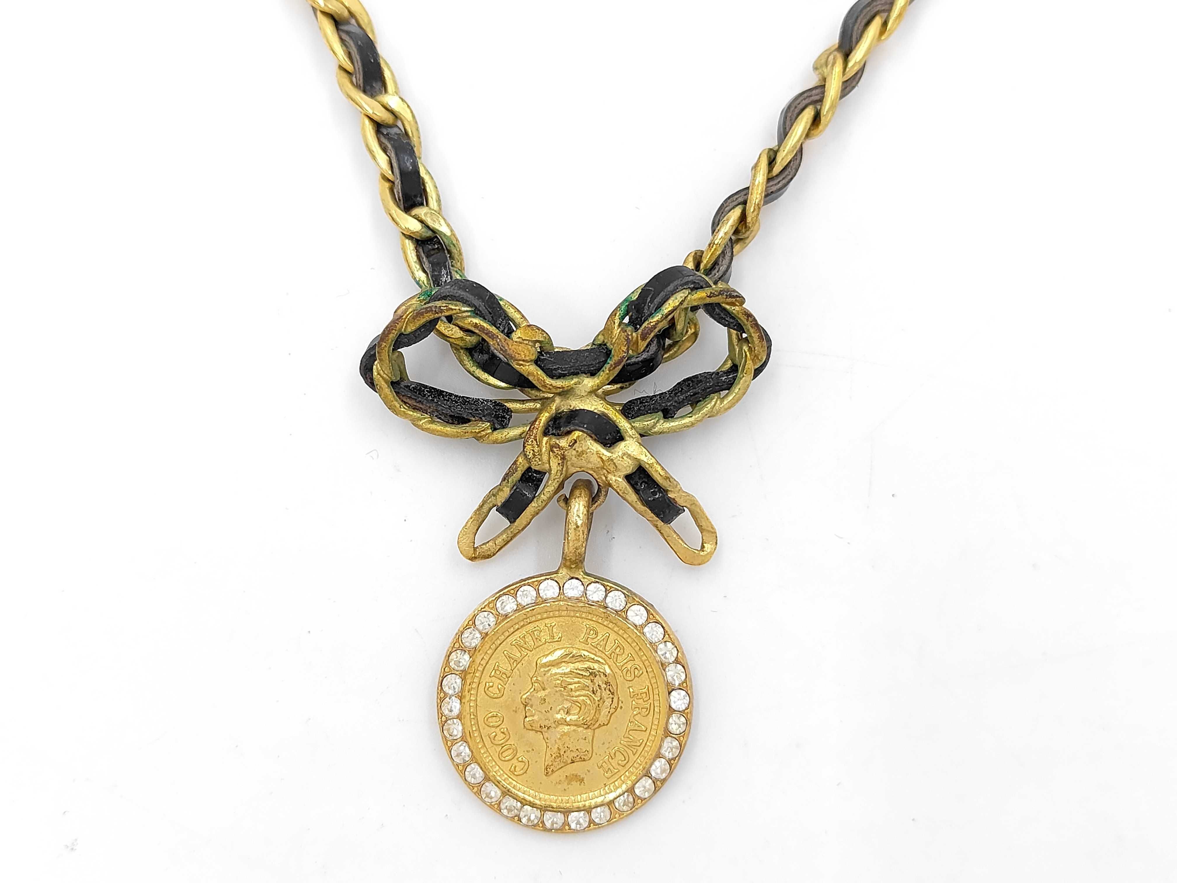 Gold Plated Leather Rhinestone Coin Necklace, Black, with Box.