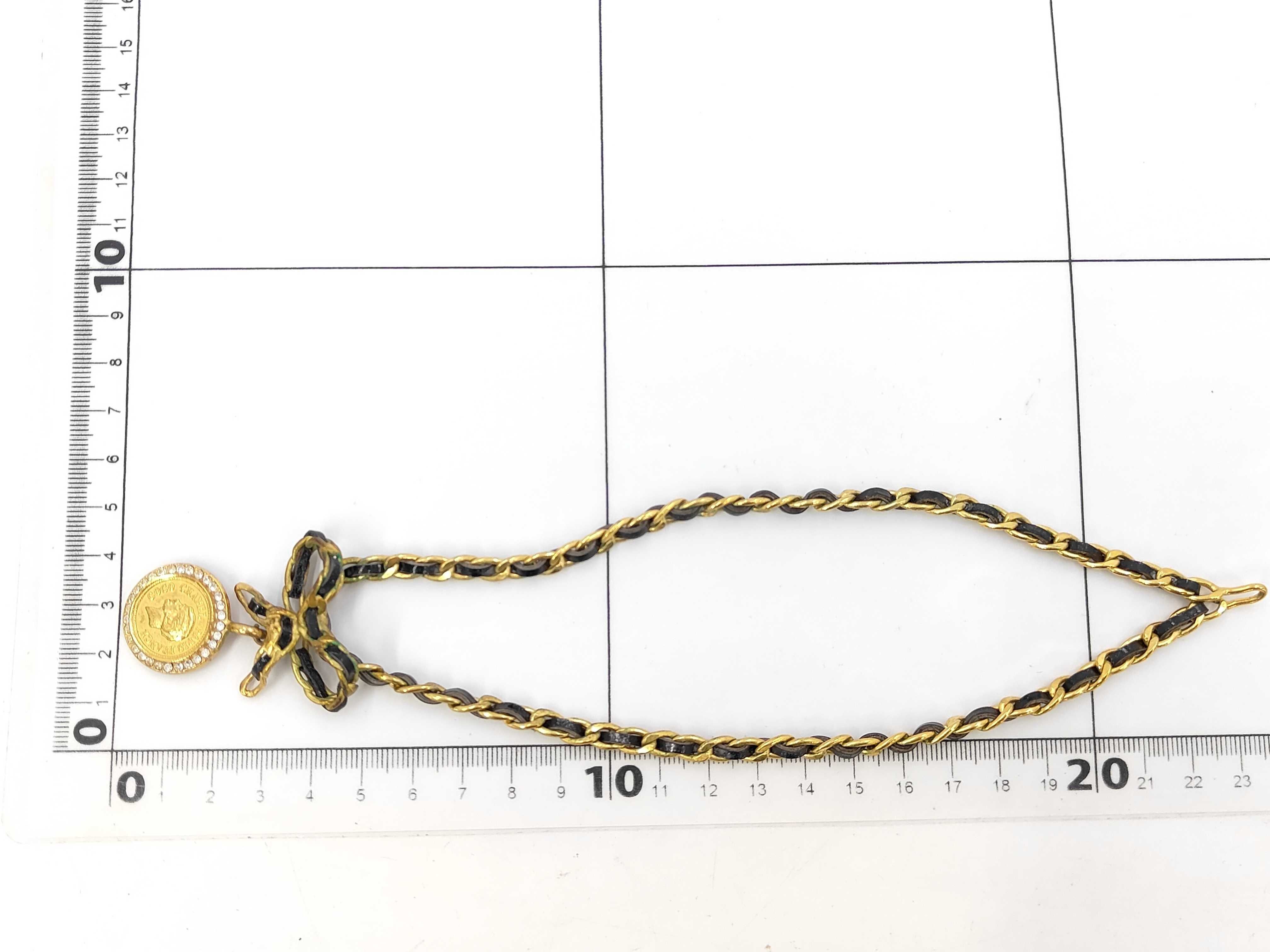 Gold Plated Leather Rhinestone Coin Necklace, Black, with Box. — view 7