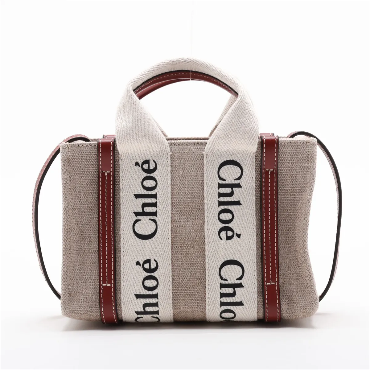 Woody Mini Canvas x Leather 2-Way Handbag, Beige x Brown