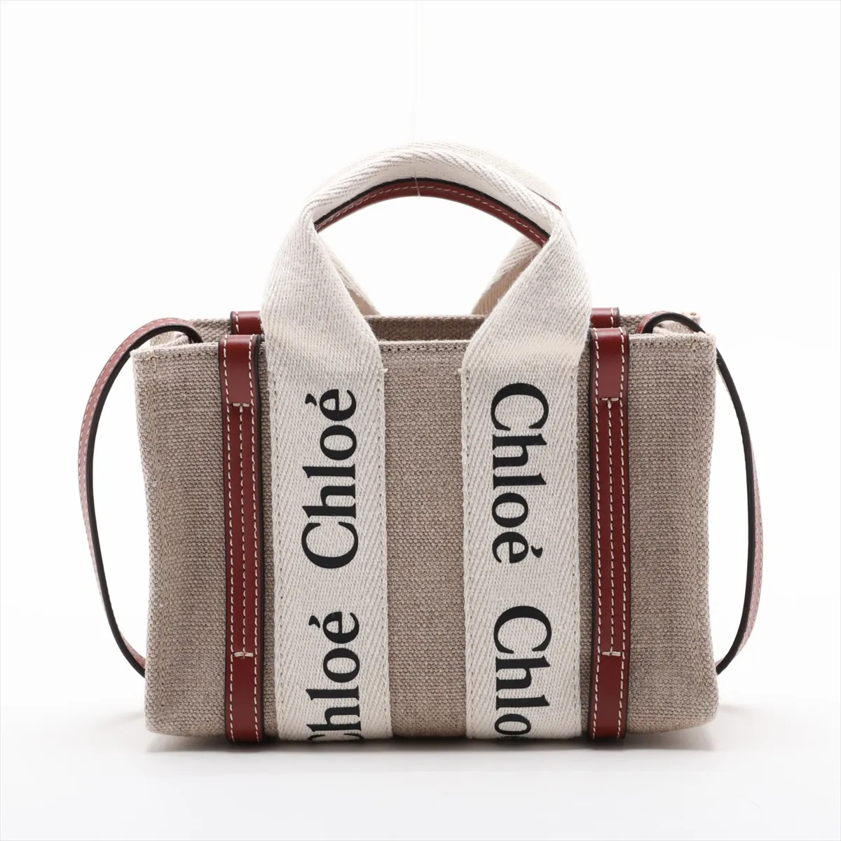 Woody Mini Canvas x Leather 2-Way Handbag, Beige x Brown — view 2