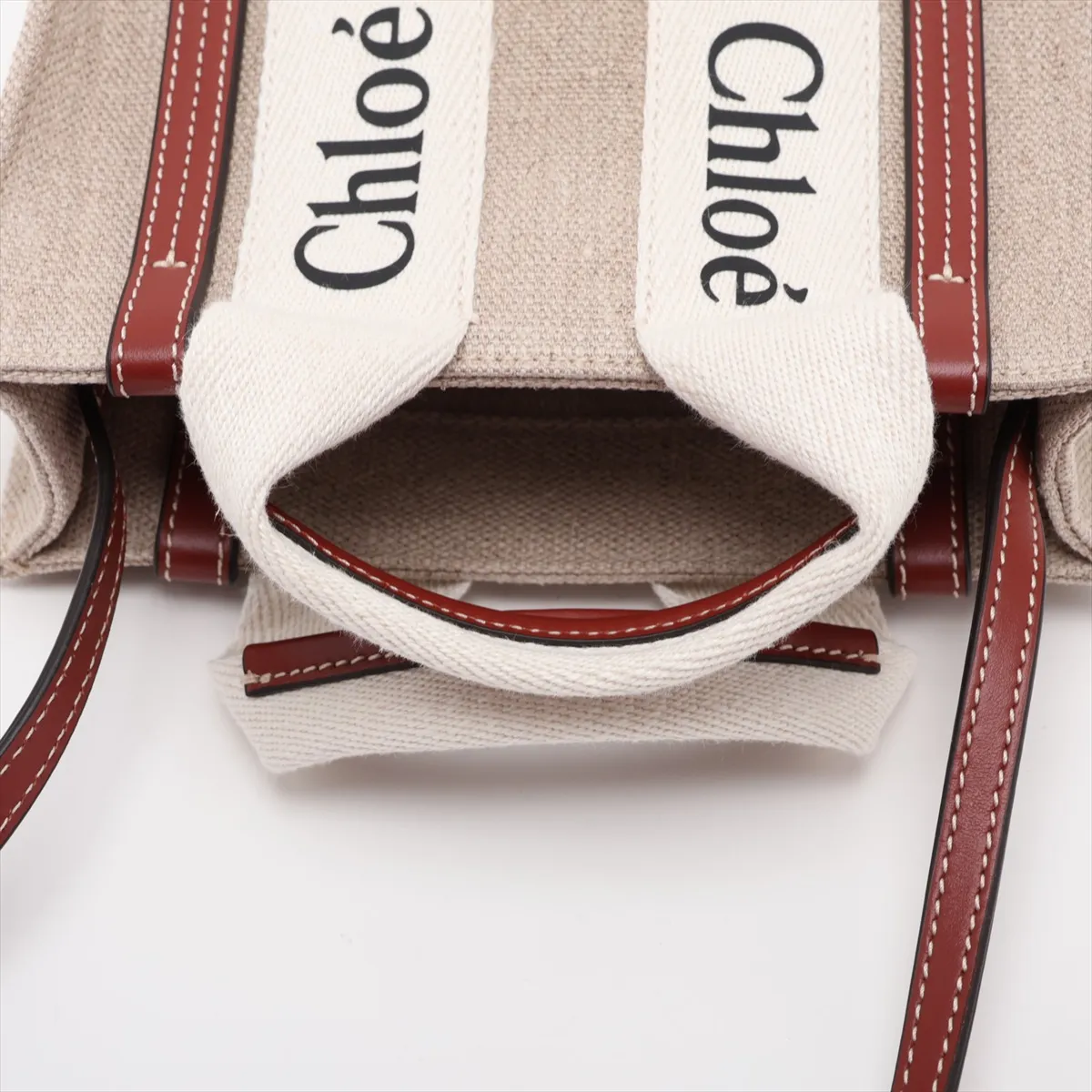 Woody Mini Canvas x Leather 2-Way Handbag, Beige x Brown — view 5