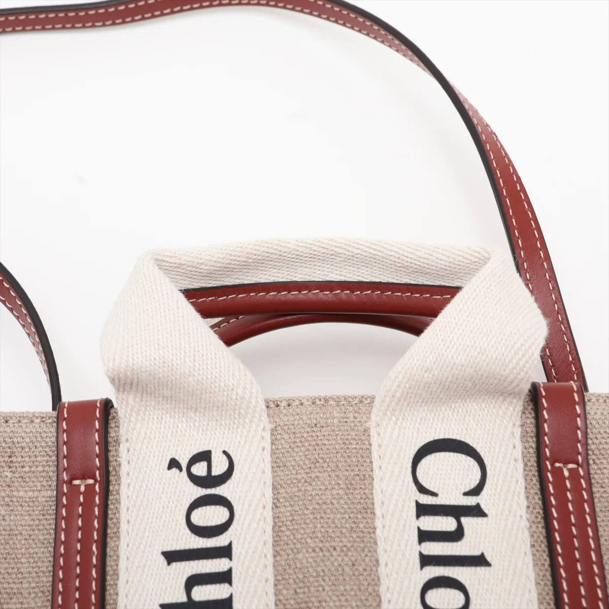 Woody Mini Canvas x Leather 2-Way Handbag, Beige x Brown — view 6