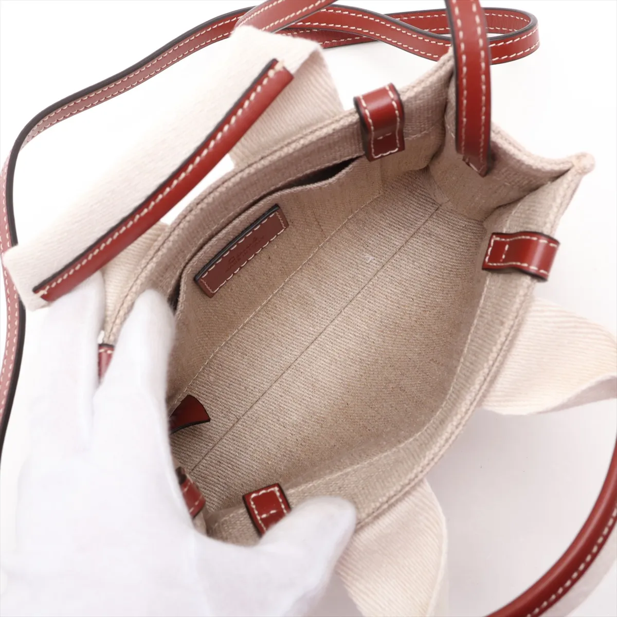 Woody Mini Canvas x Leather 2-Way Handbag, Beige x Brown — view 8