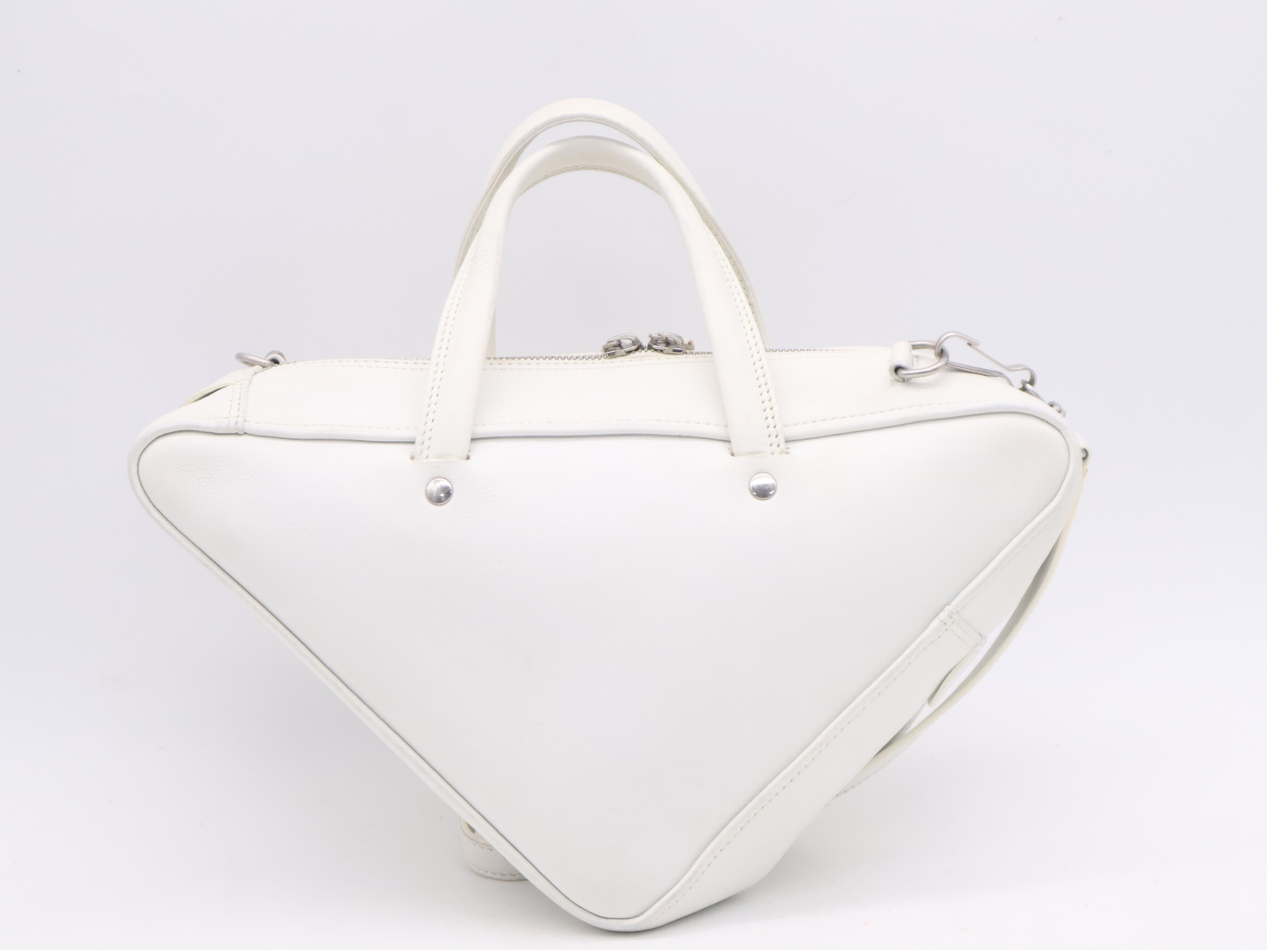 Leather Triangle Duffle Handbag with Shoulder Strap, White — view 2