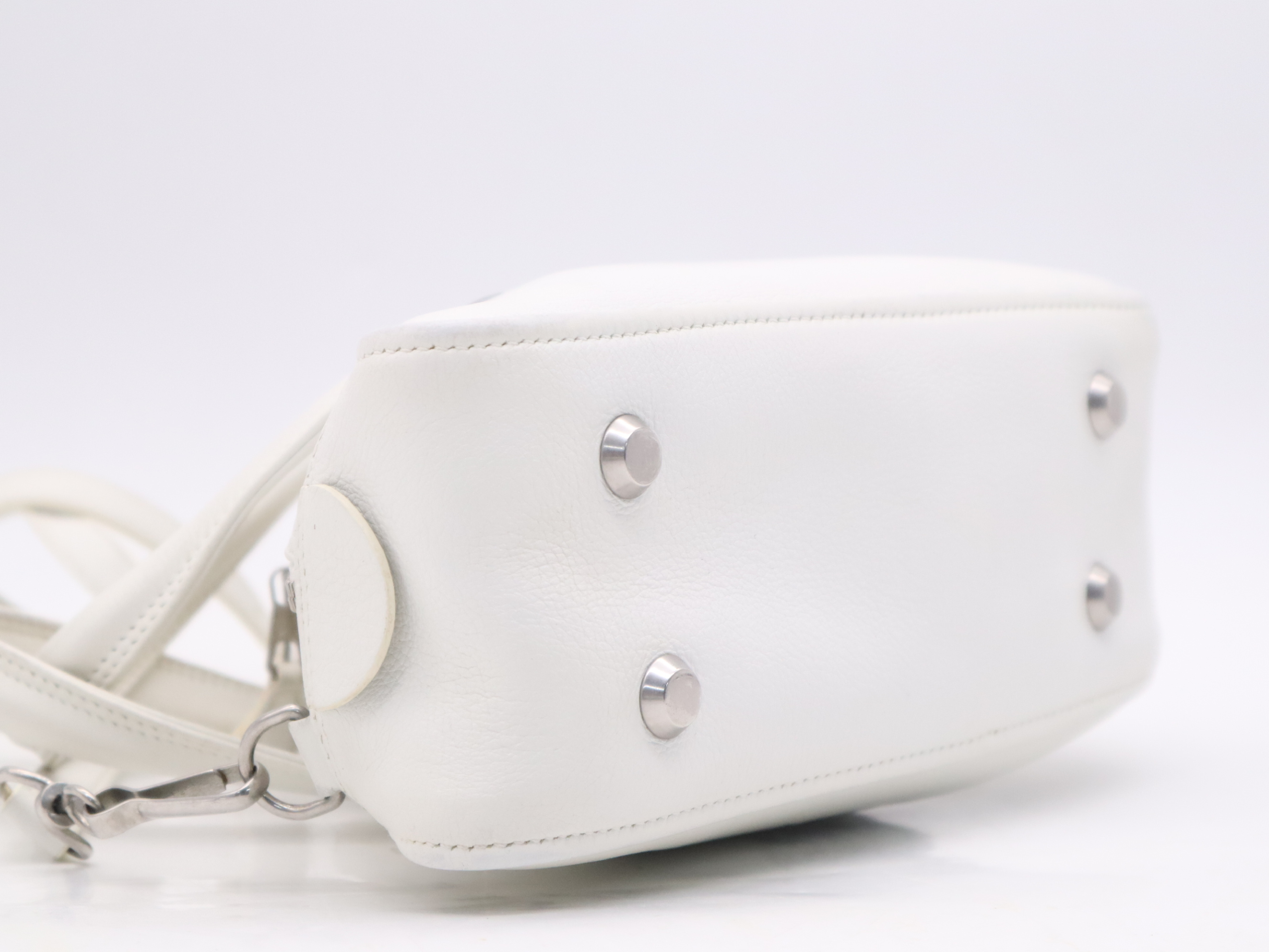 Leather Triangle Duffle Handbag with Shoulder Strap, White — view 3