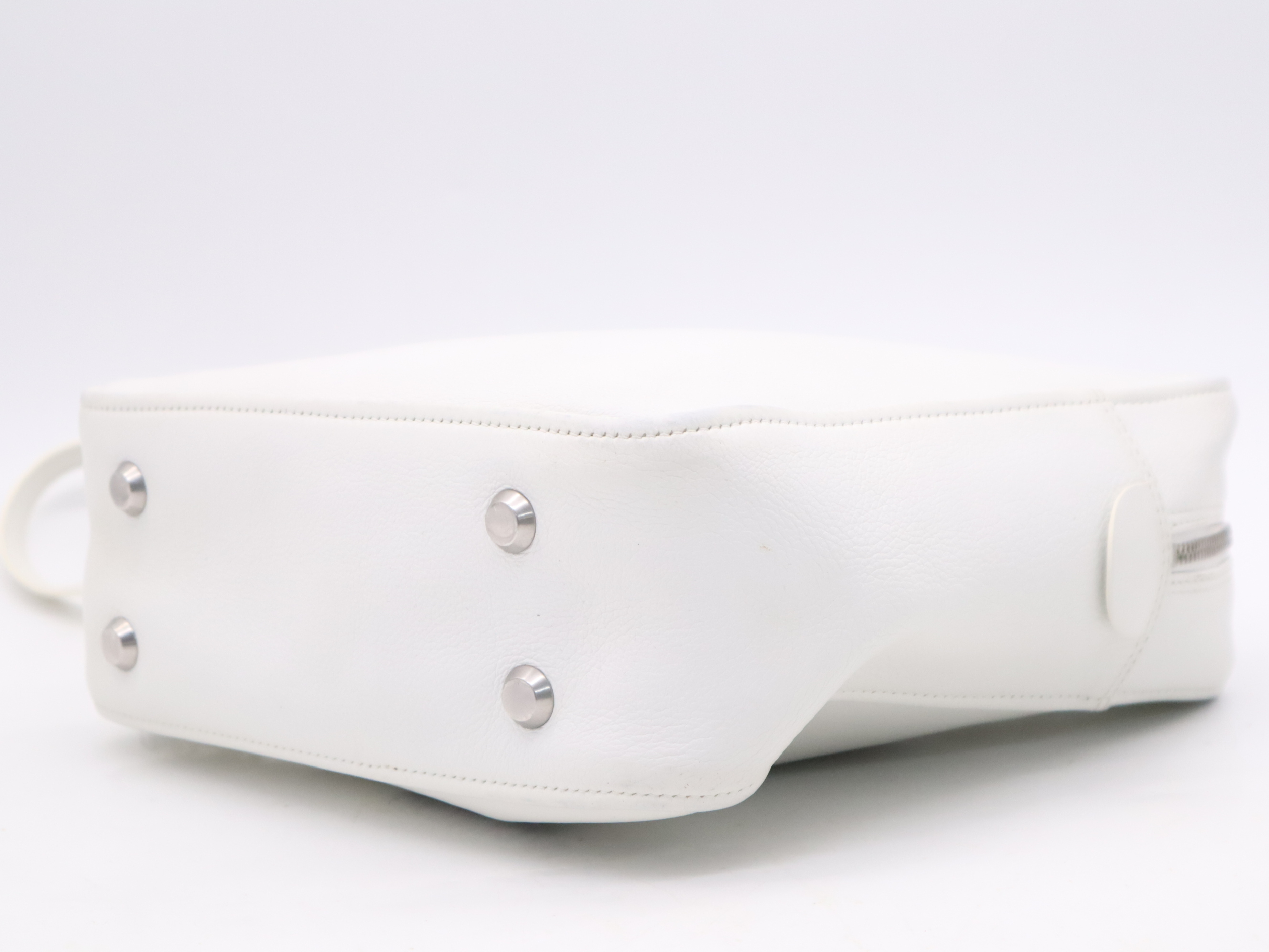 Leather Triangle Duffle Handbag with Shoulder Strap, White — view 4