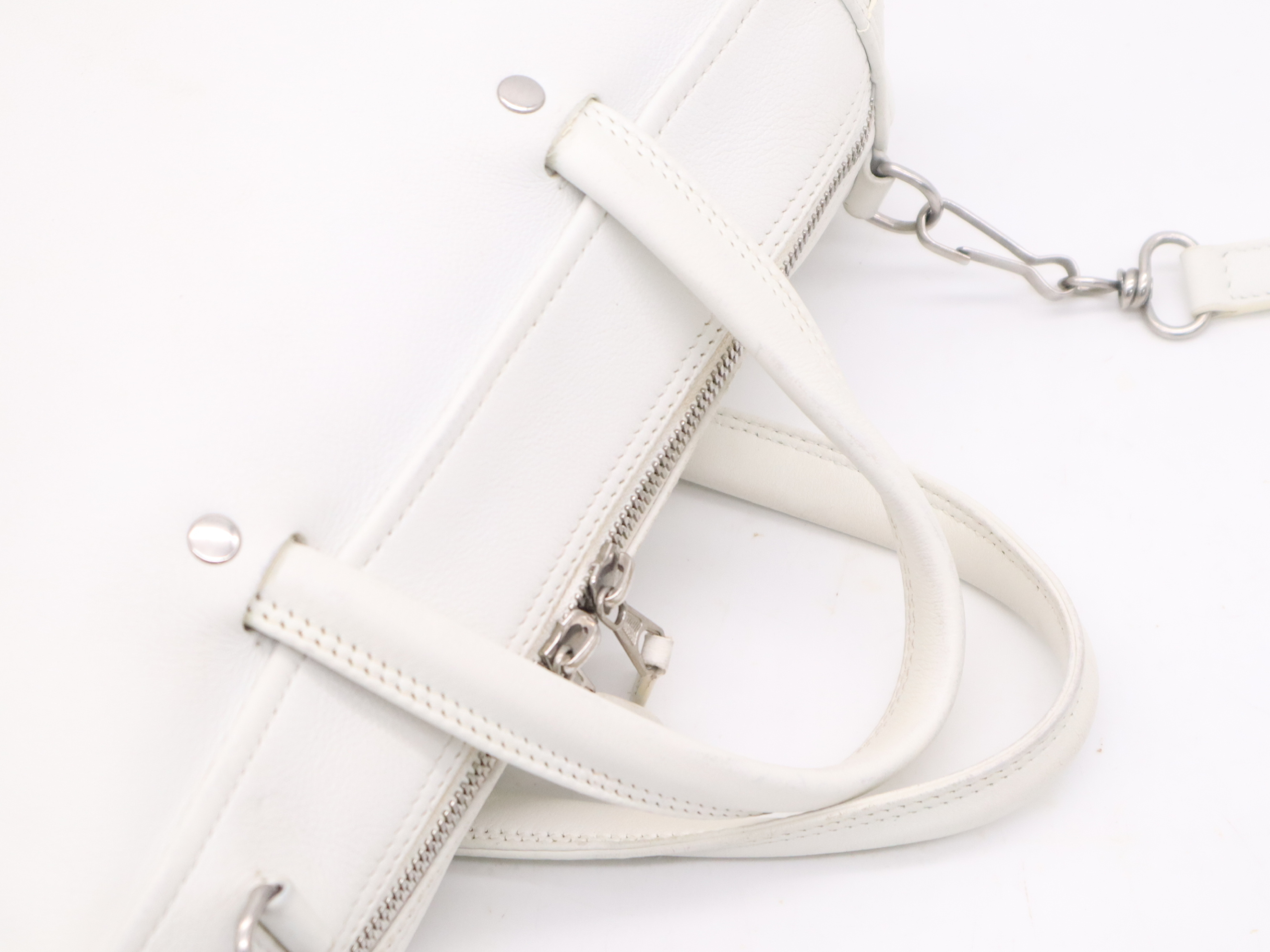 Leather Triangle Duffle Handbag with Shoulder Strap, White — view 6