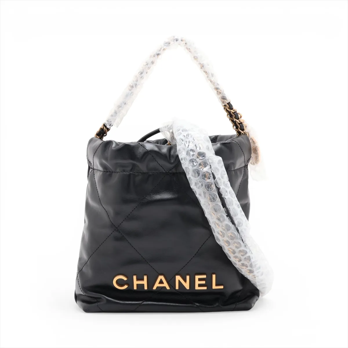 22 Mini Shiny Calfskin Chain Shoulder Bag Black Gold Hardware Random Plate
