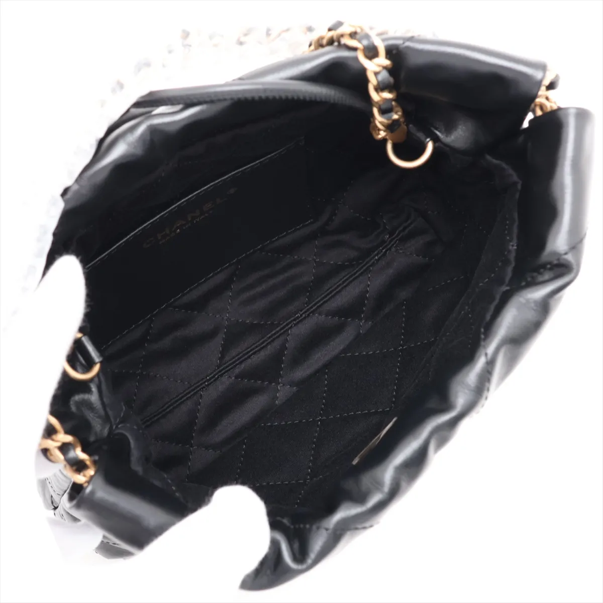 22 Mini Shiny Calfskin Chain Shoulder Bag Black Gold Hardware Random Plate — view 6