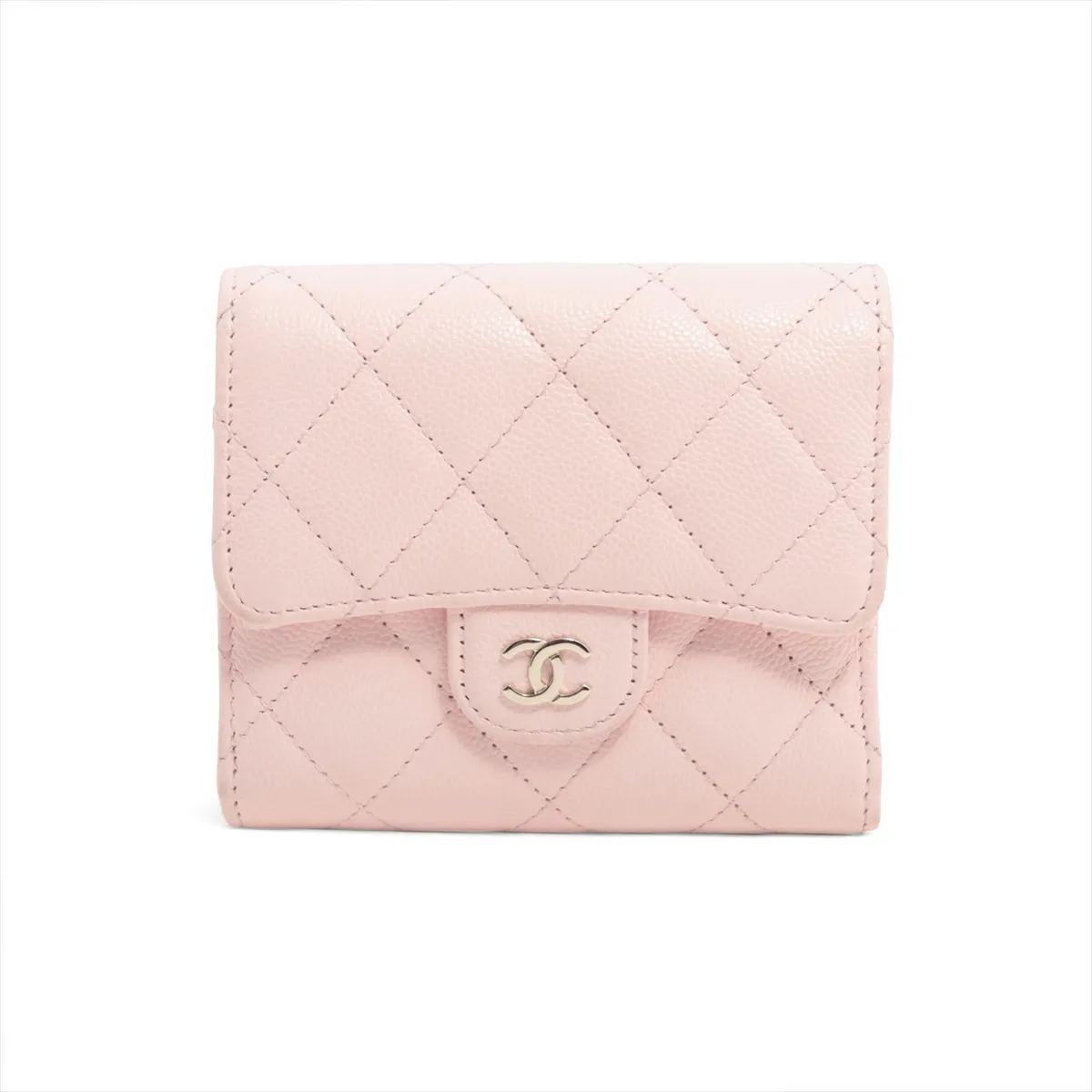 Matelasse caviar skin compact wallet pink gold hardware XLU275G5