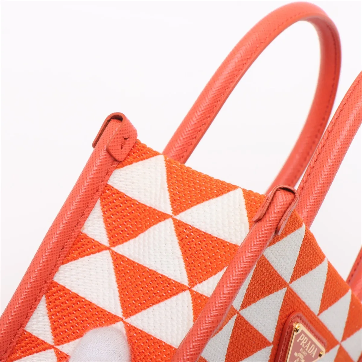 Embroidered Canvas x Leather 2-Way Handbag, Orange x White, 1BA355 — view 11