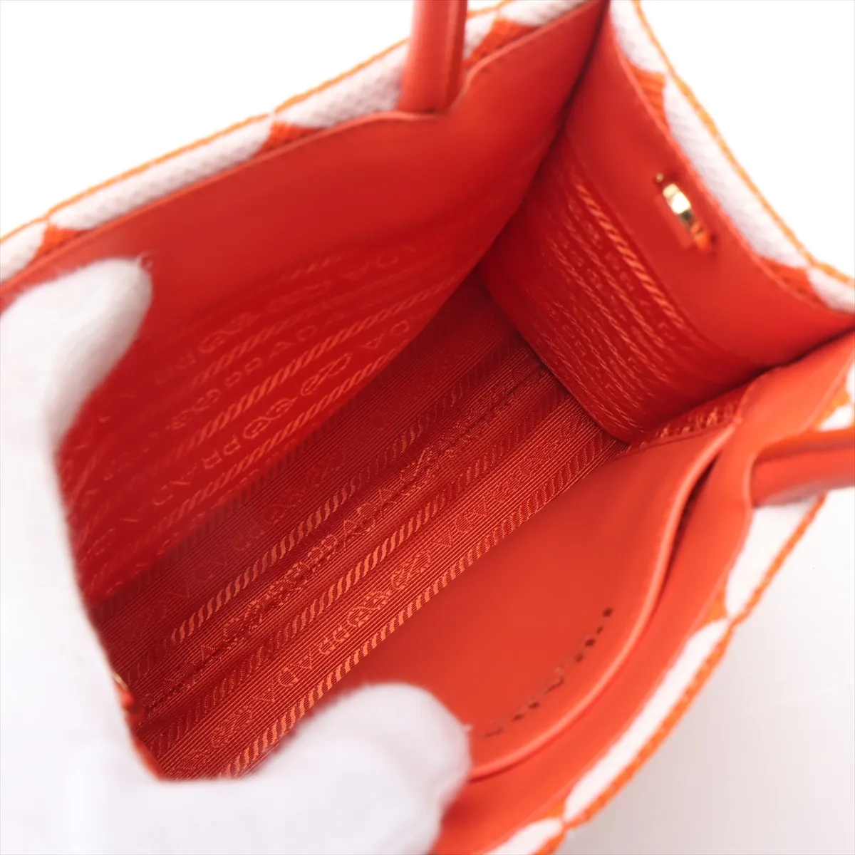Embroidered Canvas x Leather 2-Way Handbag, Orange x White, 1BA355 — view 8