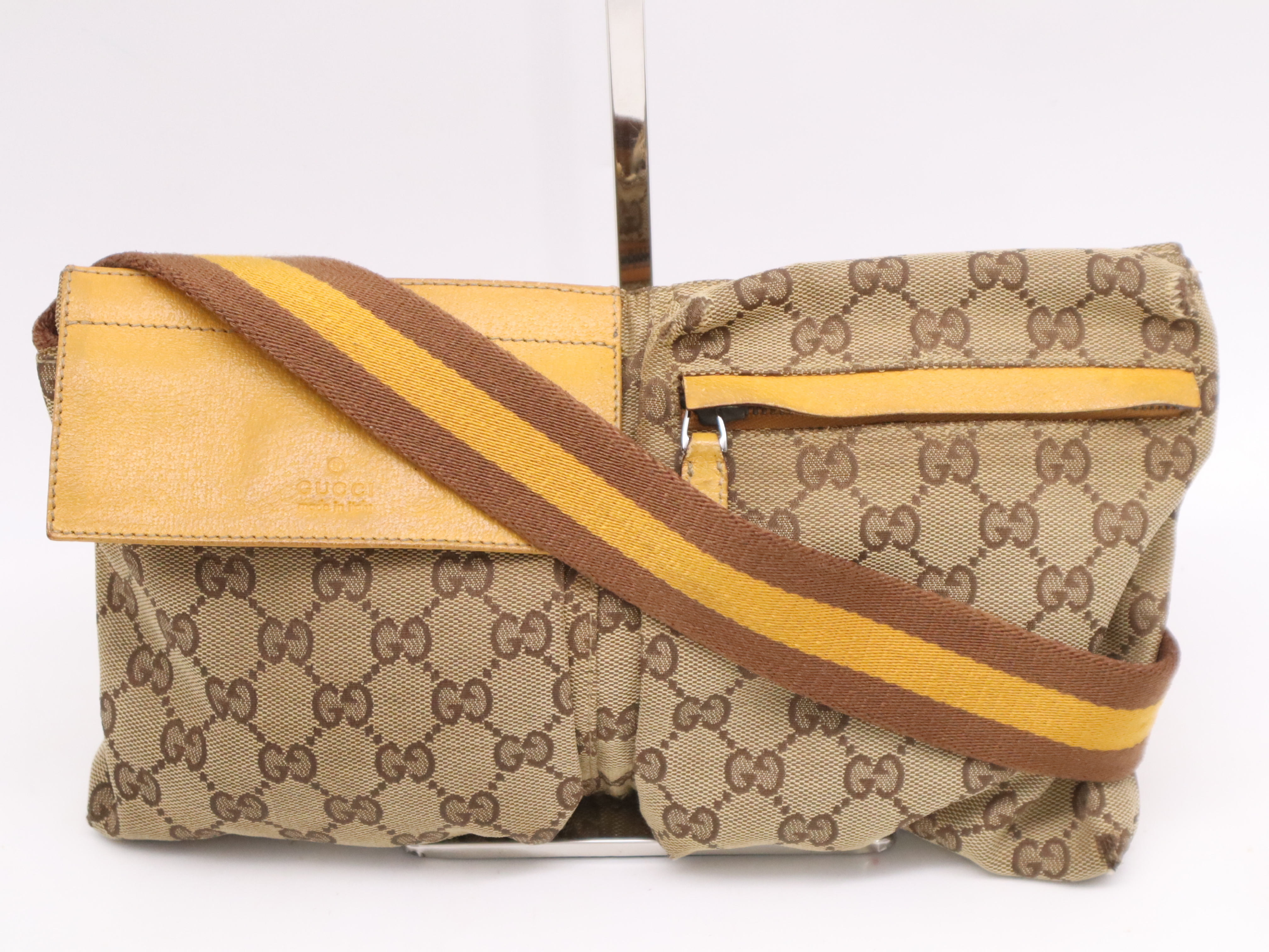 23566GG Canvas/Leather Body Bag with Double Pockets, Beige